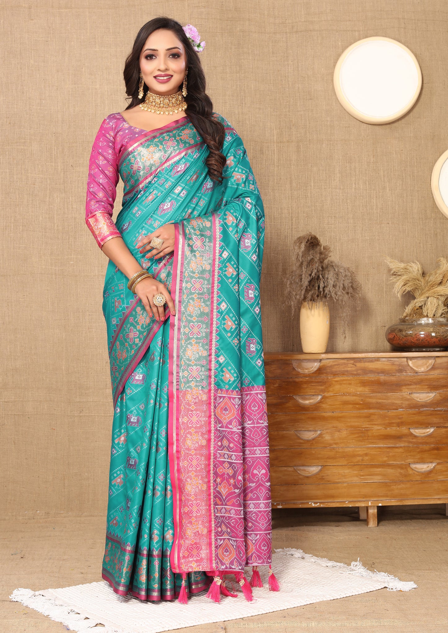 Soft Patola Silk Saree With Meenakari Zari Weawing Motifs