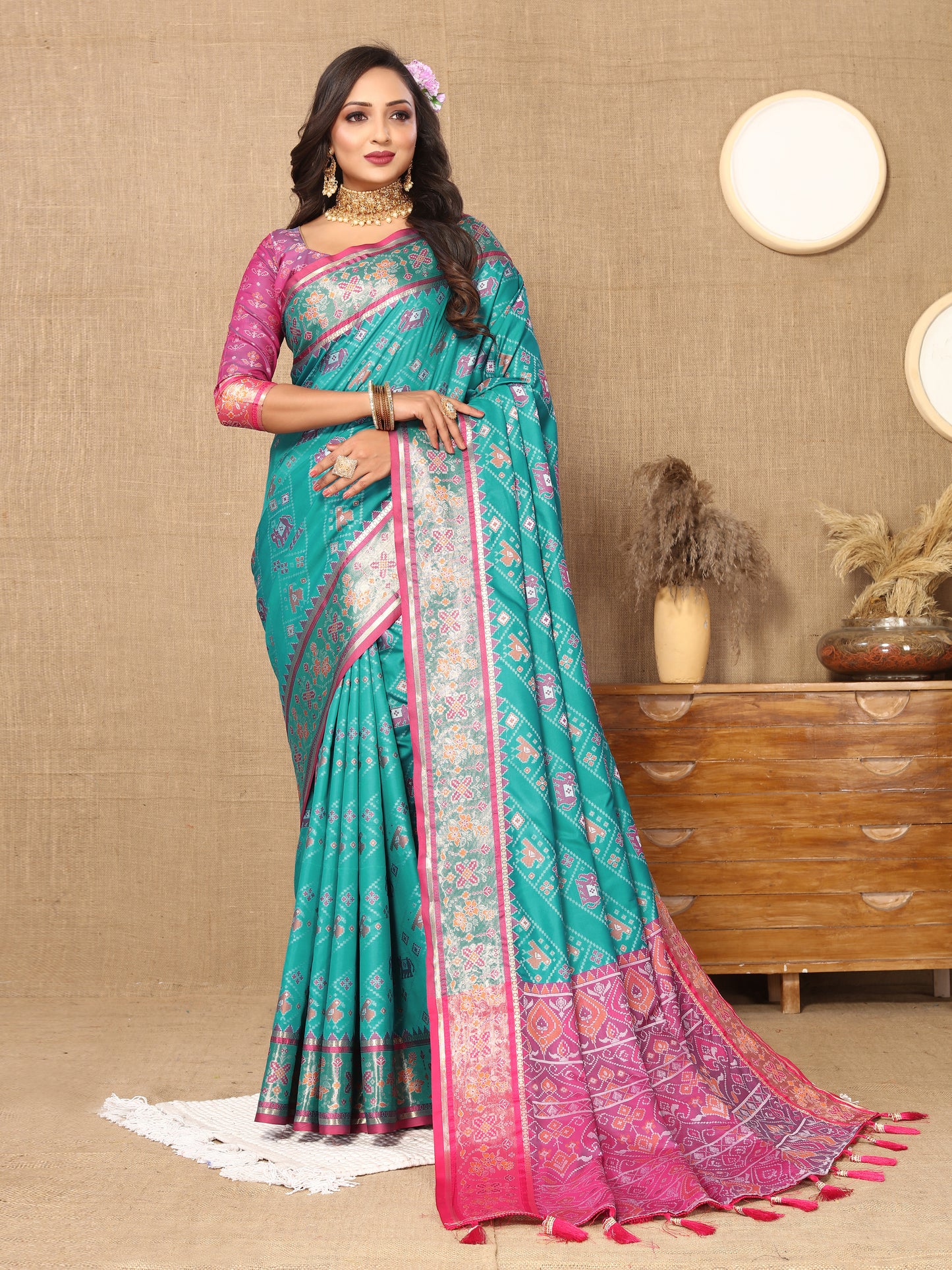 Soft Patola Silk Saree With Meenakari Zari Weawing Motifs
