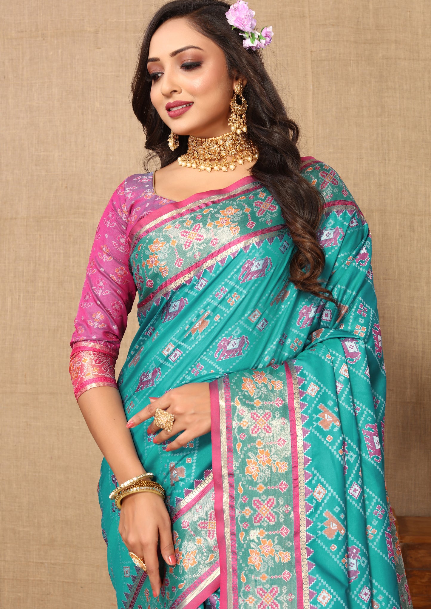 Soft Patola Silk Saree With Meenakari Zari Weawing Motifs