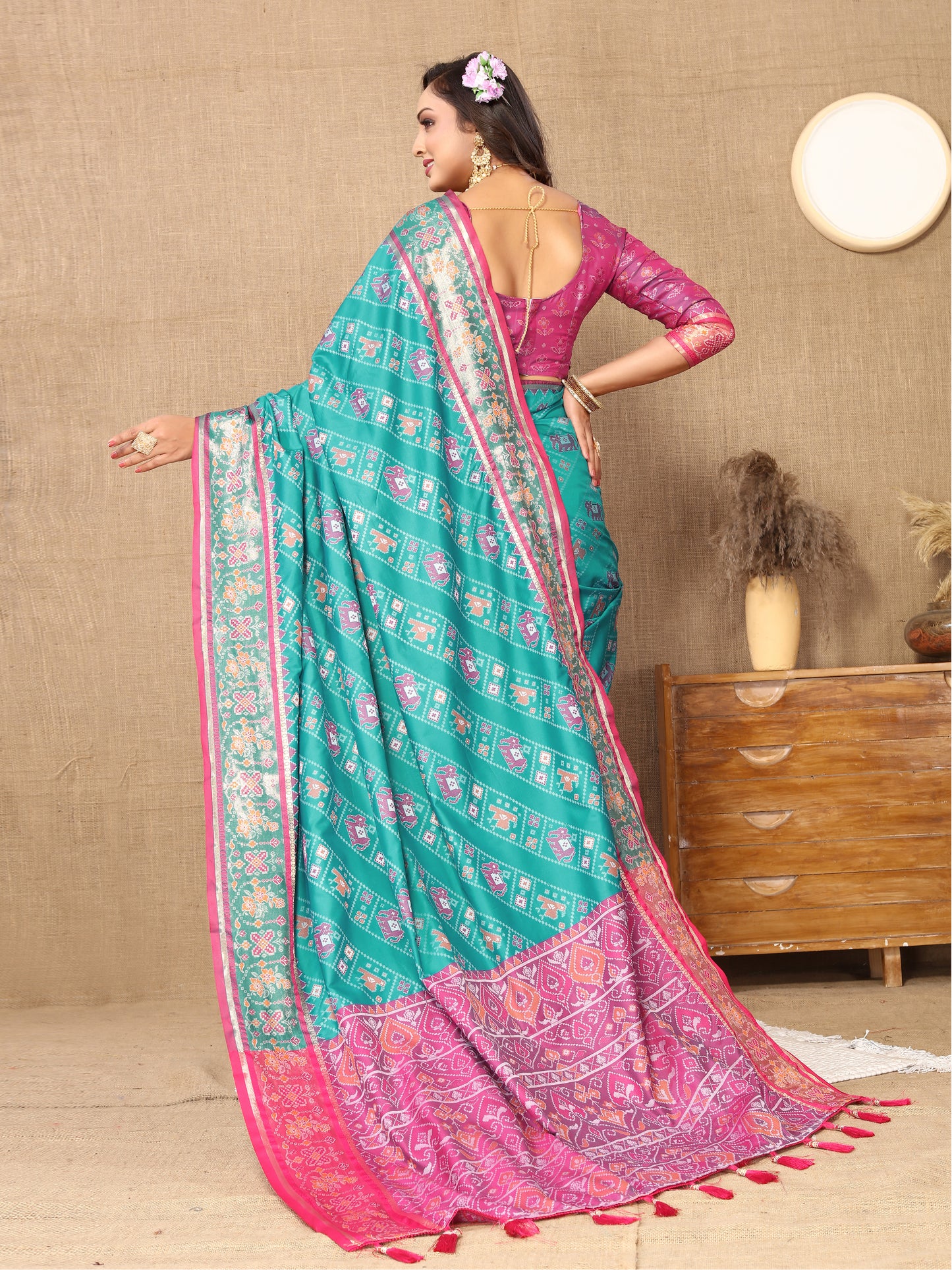 Soft Patola Silk Saree With Meenakari Zari Weawing Motifs