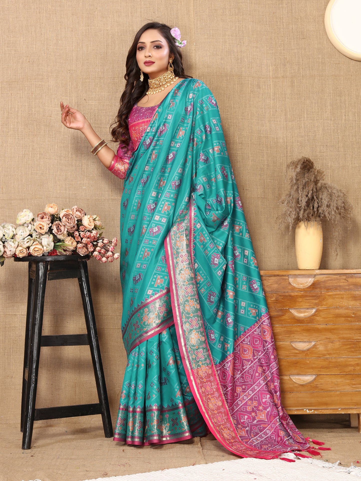 Soft Patola Silk Saree With Meenakari Zari Weawing Motifs