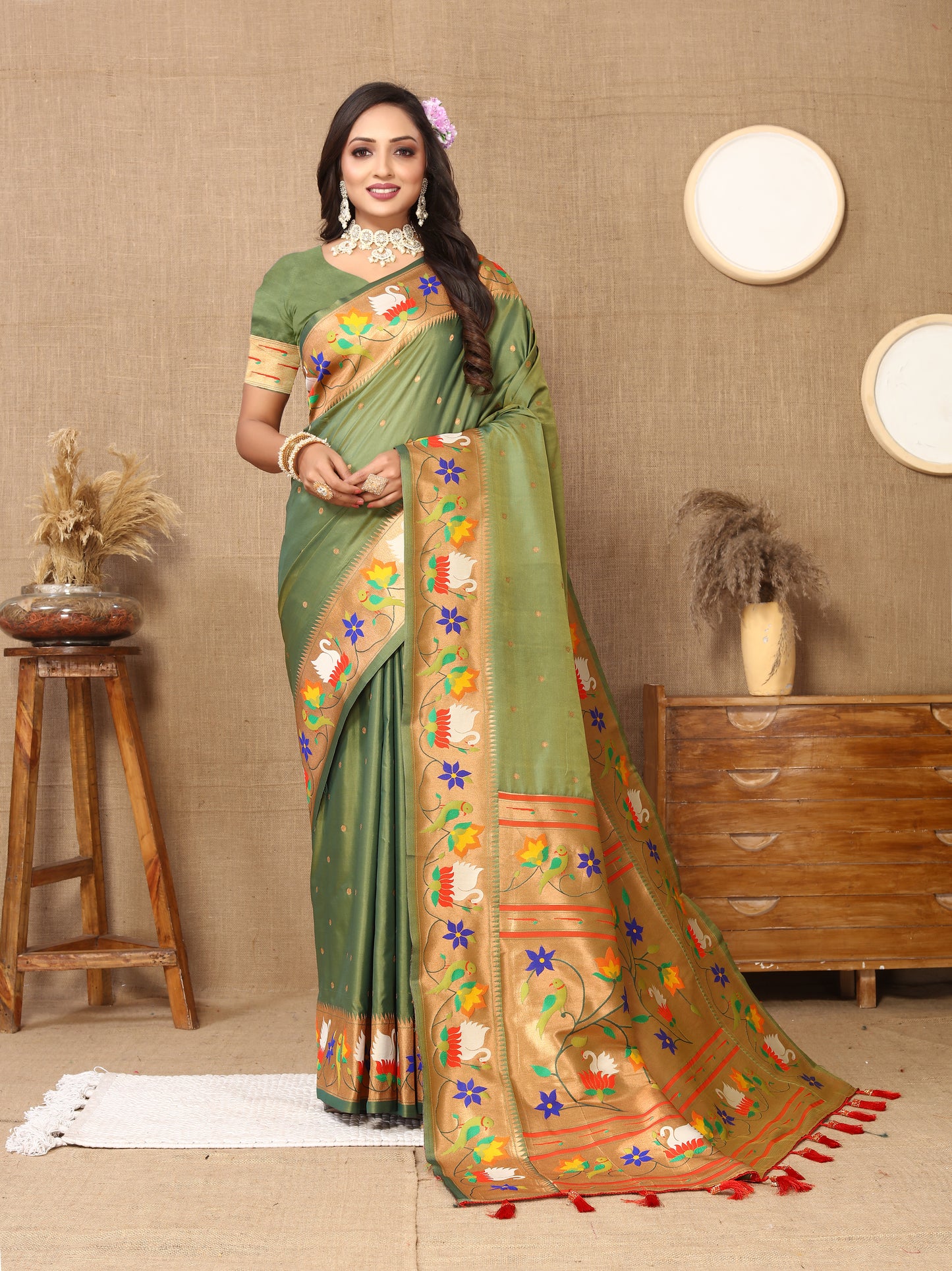 Soft Paithani Mehendi Silk Saree