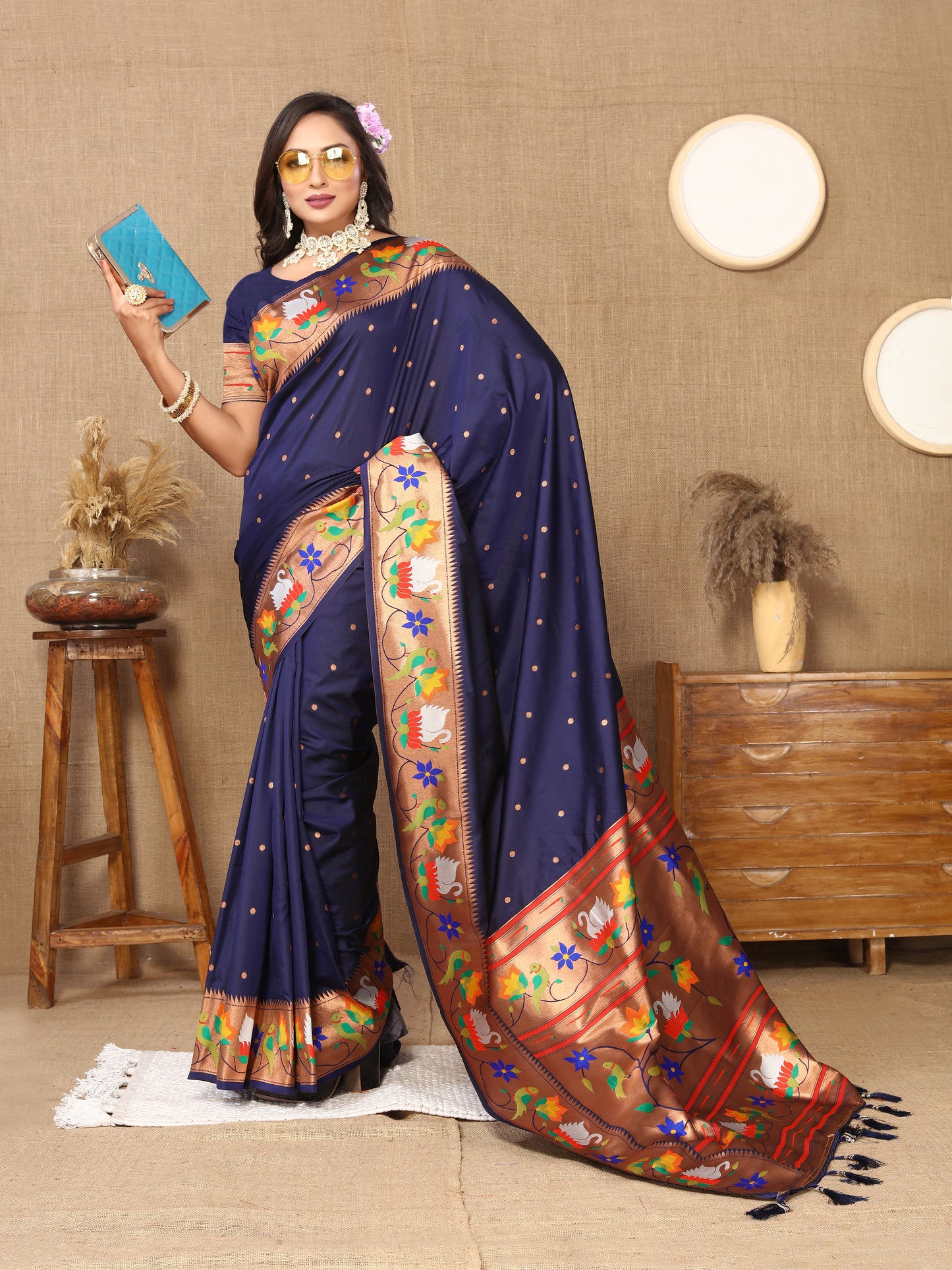 Soft Paithani Navy Blue Silk Saree