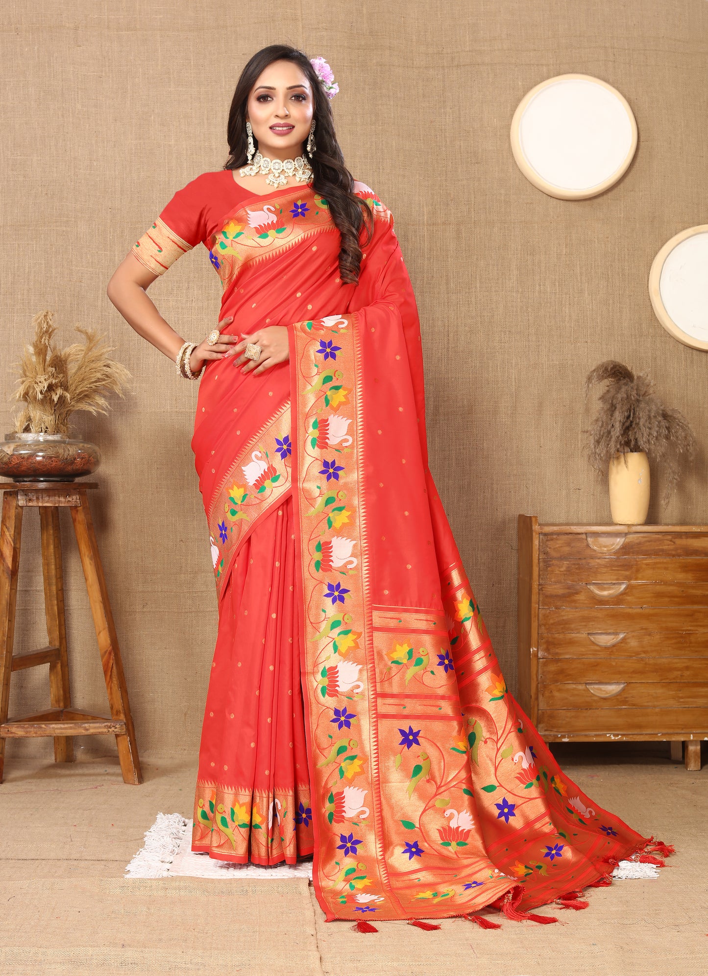 Soft Paithani Tomato Silk Saree