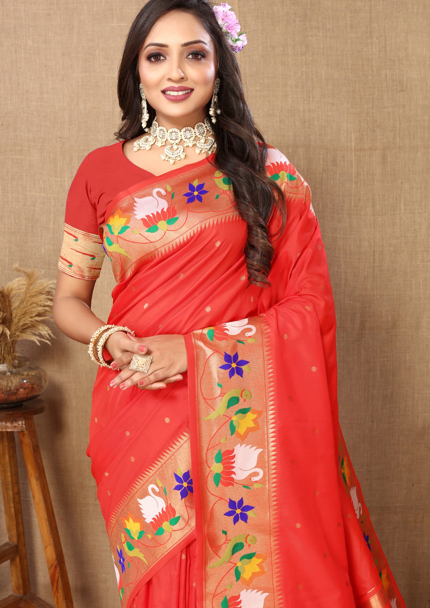 Soft Paithani Tomato Silk Saree