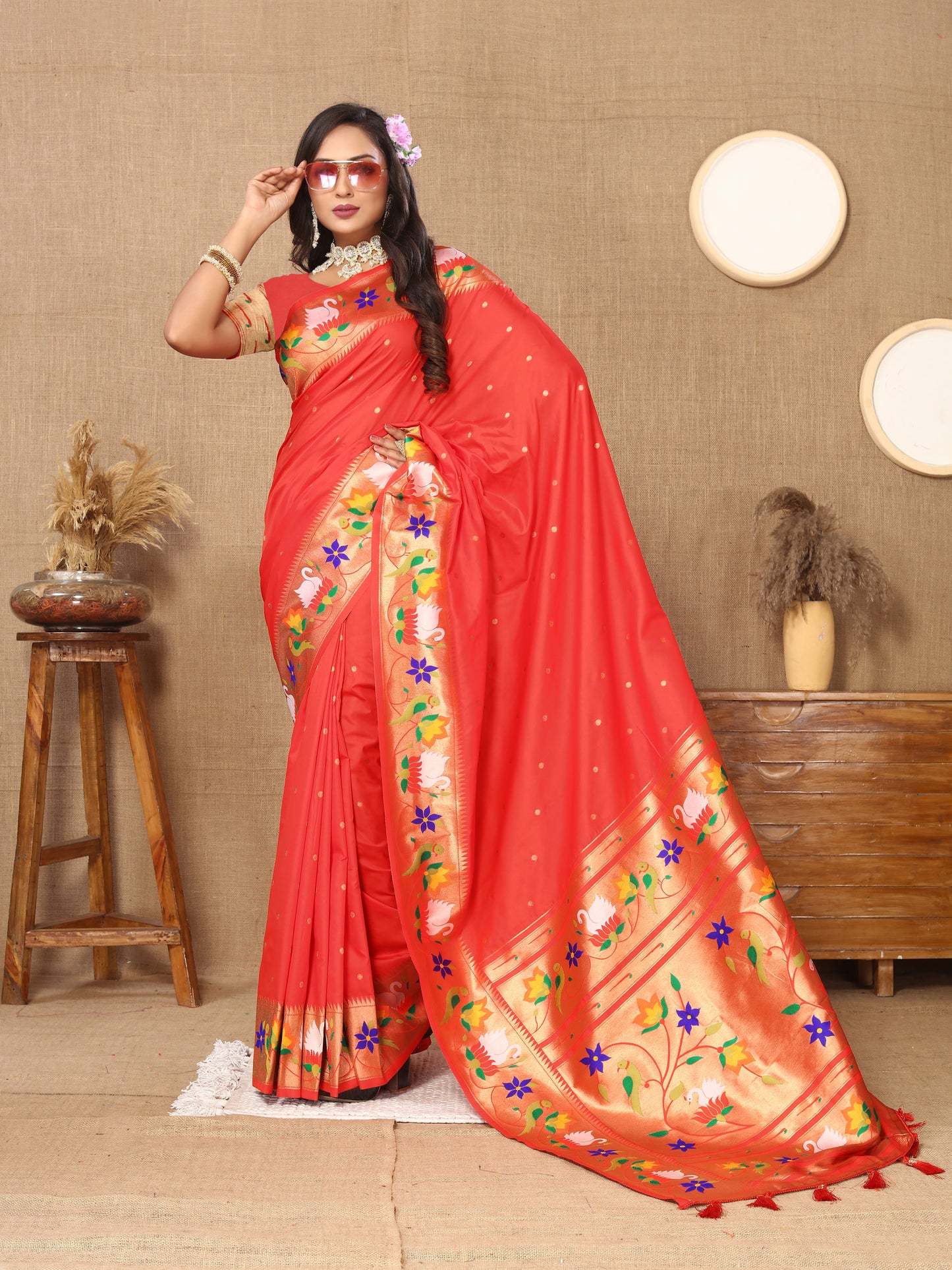 Soft Paithani Tomato Silk Saree