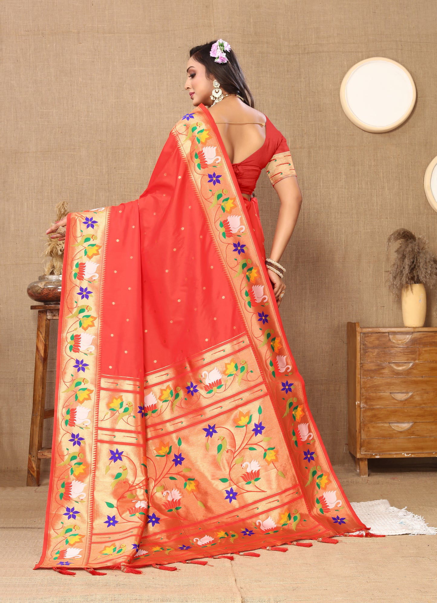 Soft Paithani Tomato Silk Saree