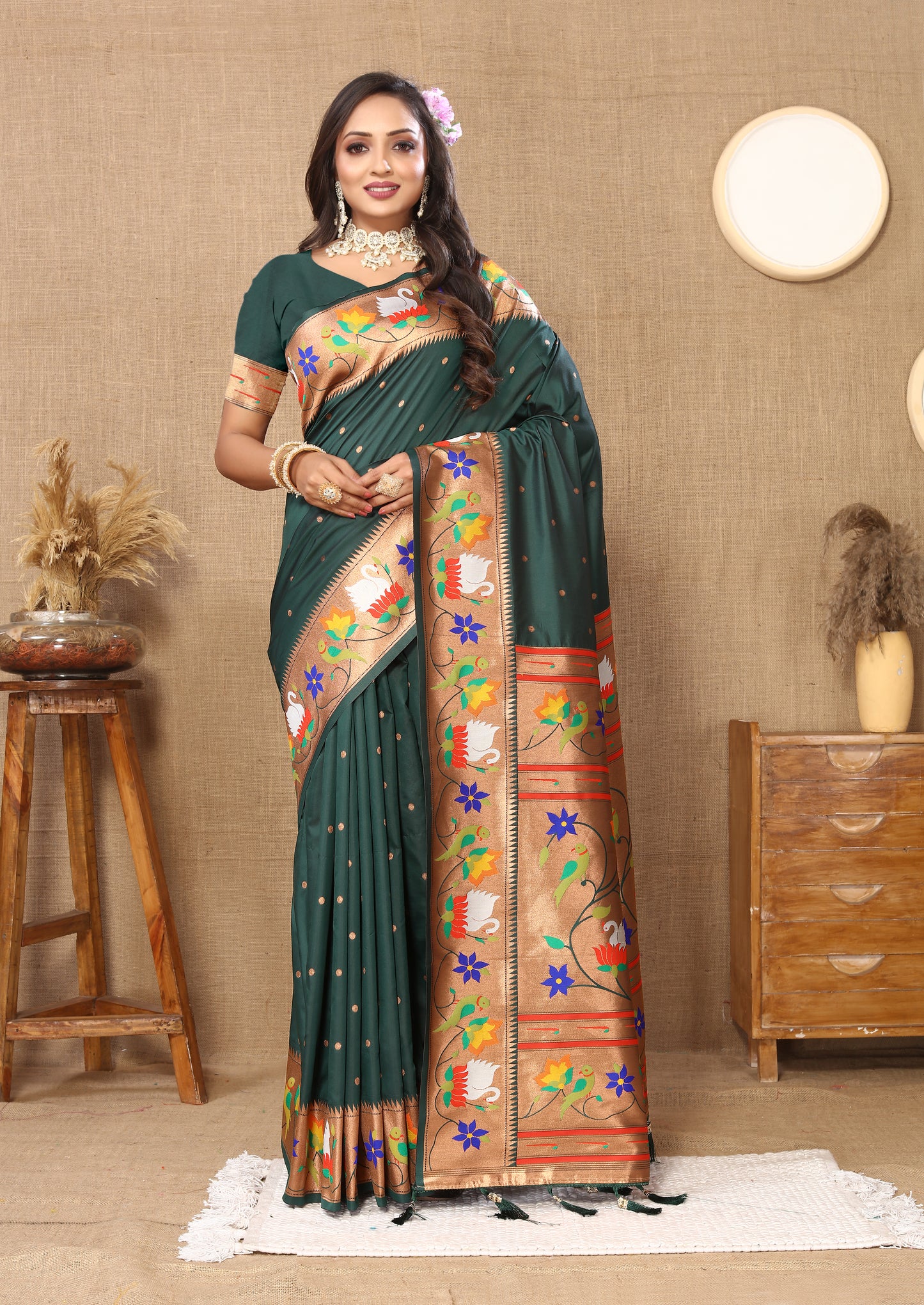 Soft Paithani Dark Green Silk Saree