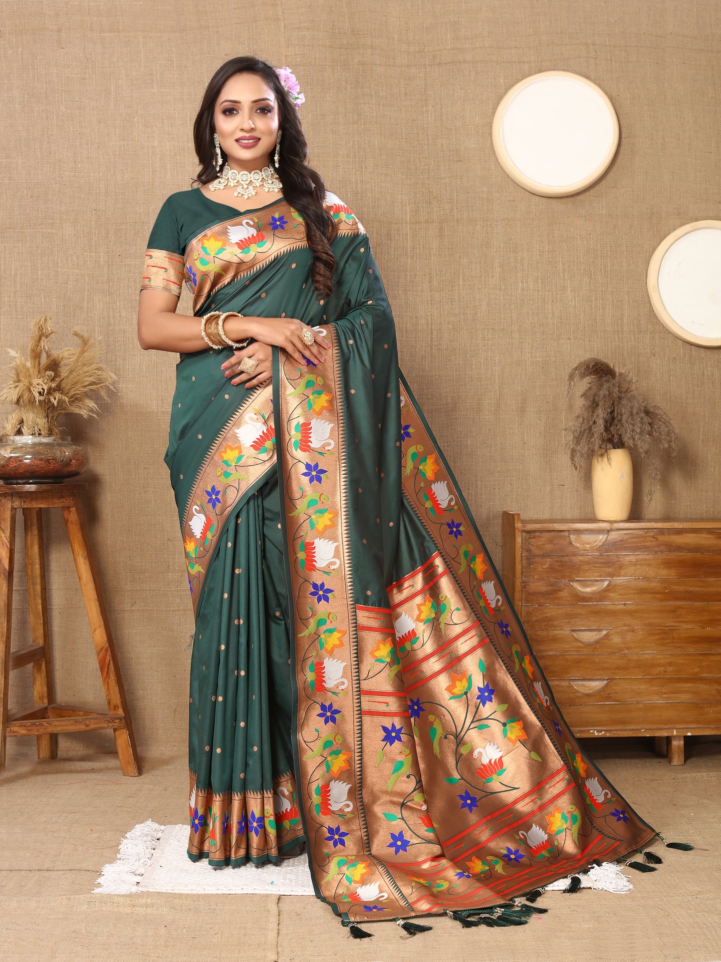 Soft Paithani Dark Green Silk Saree