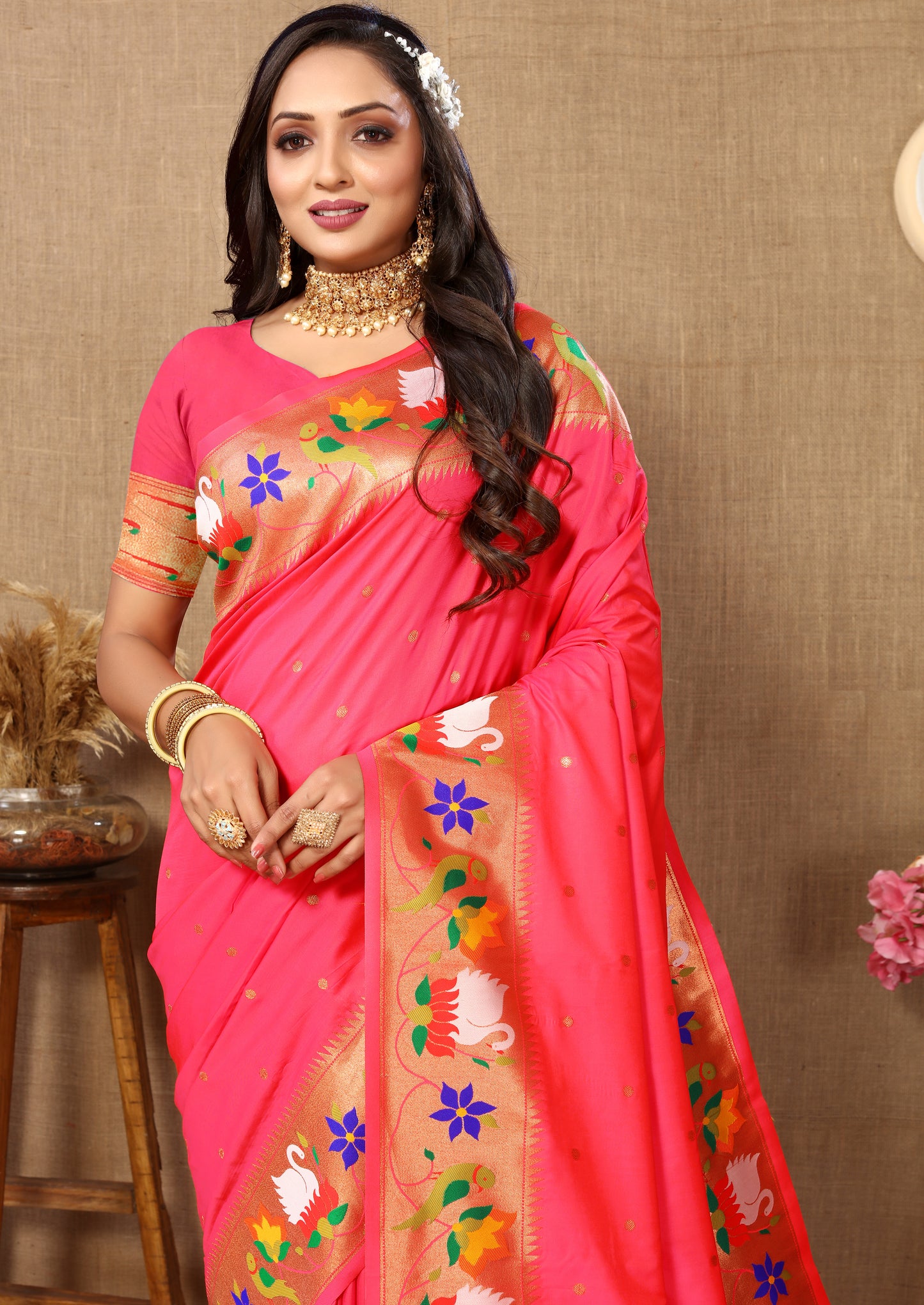 Soft Paithani Gajri silk saree