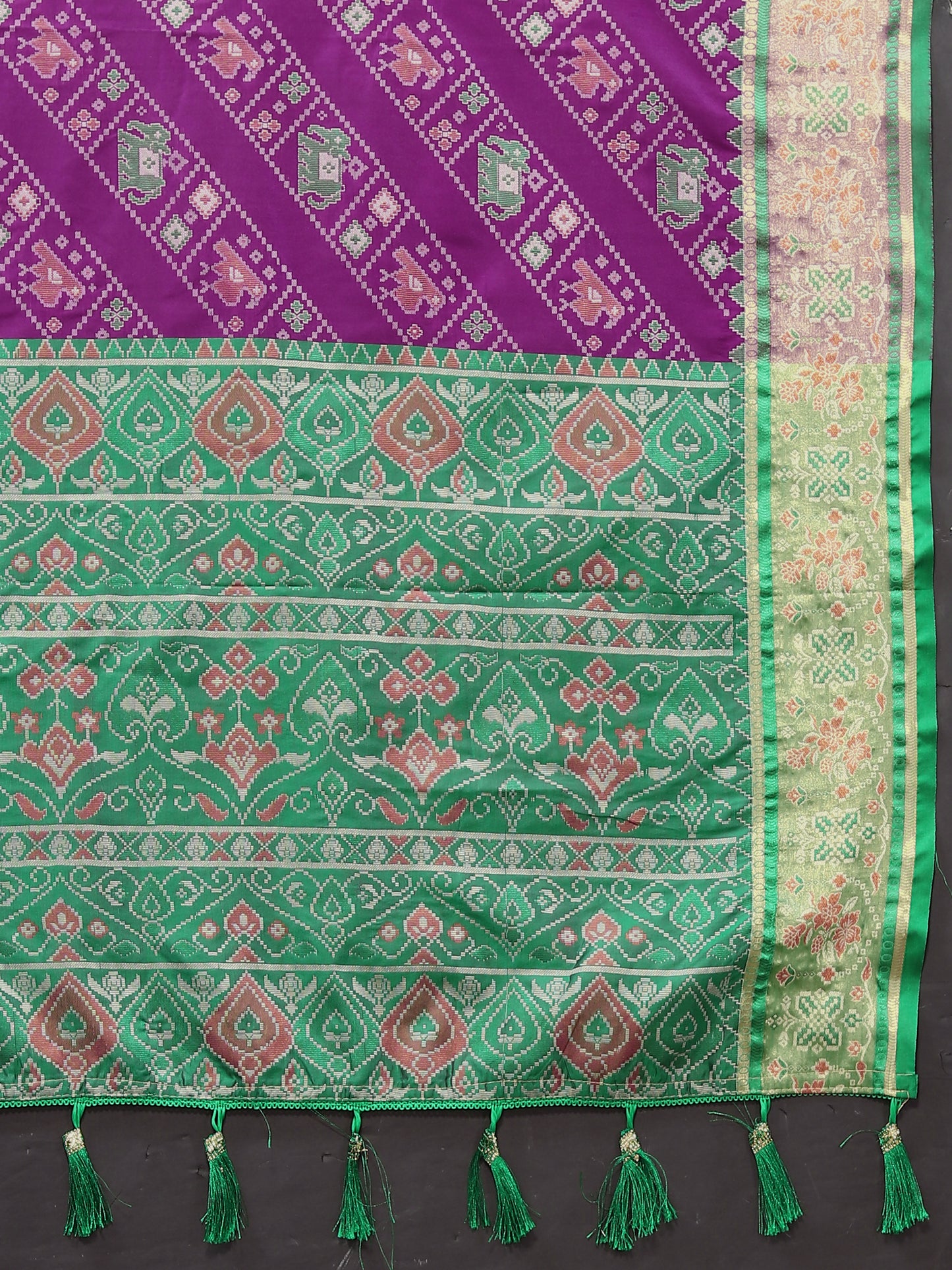 Soft Patola Green Purple Silk Saree With Meenakari Zari Weawing Motifs