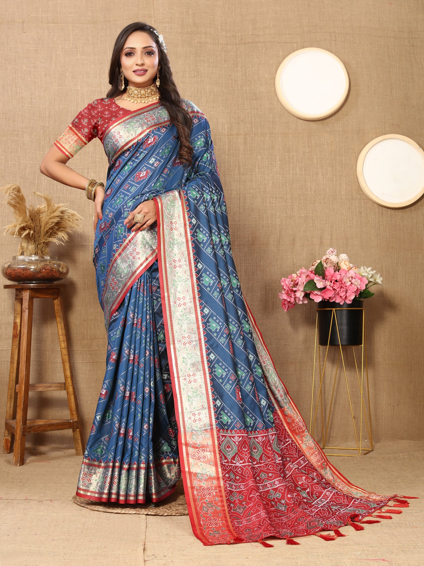 Soft Patola Green Maroon Blue Saree With Meenakari Zari Weawing Motifs