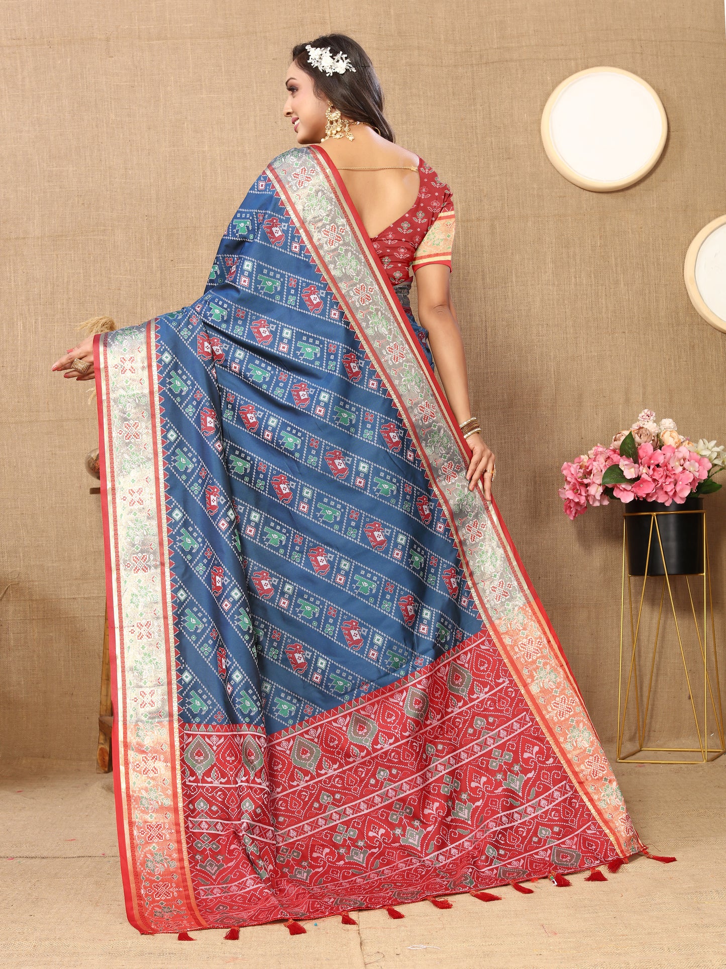 Soft Patola Green Maroon Blue Saree With Meenakari Zari Weawing Motifs