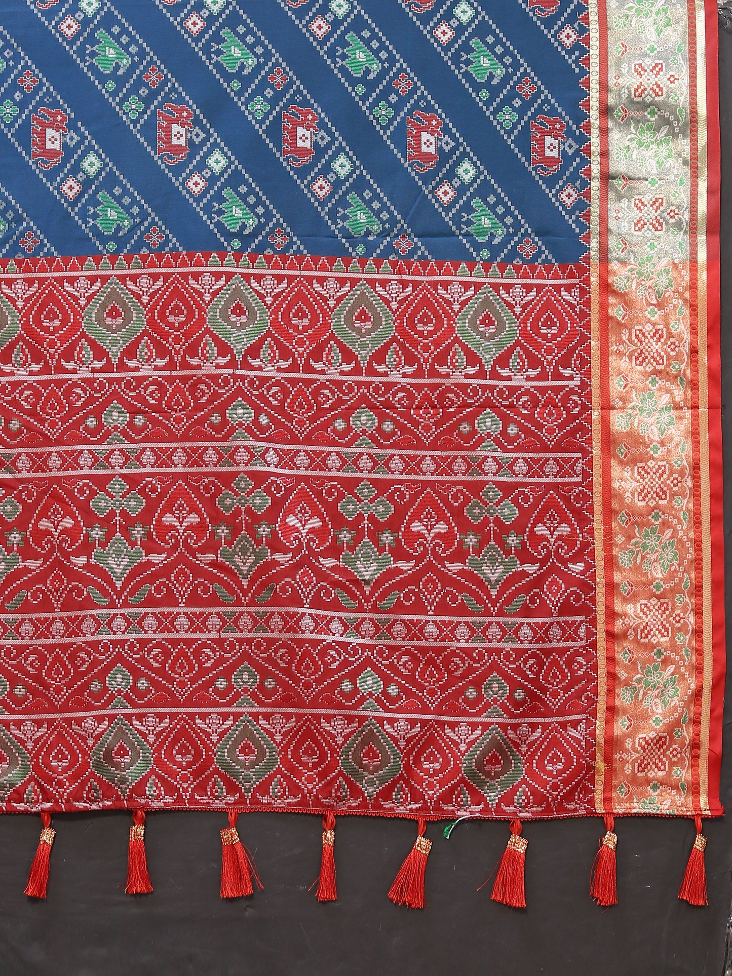 Soft Patola Green Maroon Blue Saree With Meenakari Zari Weawing Motifs