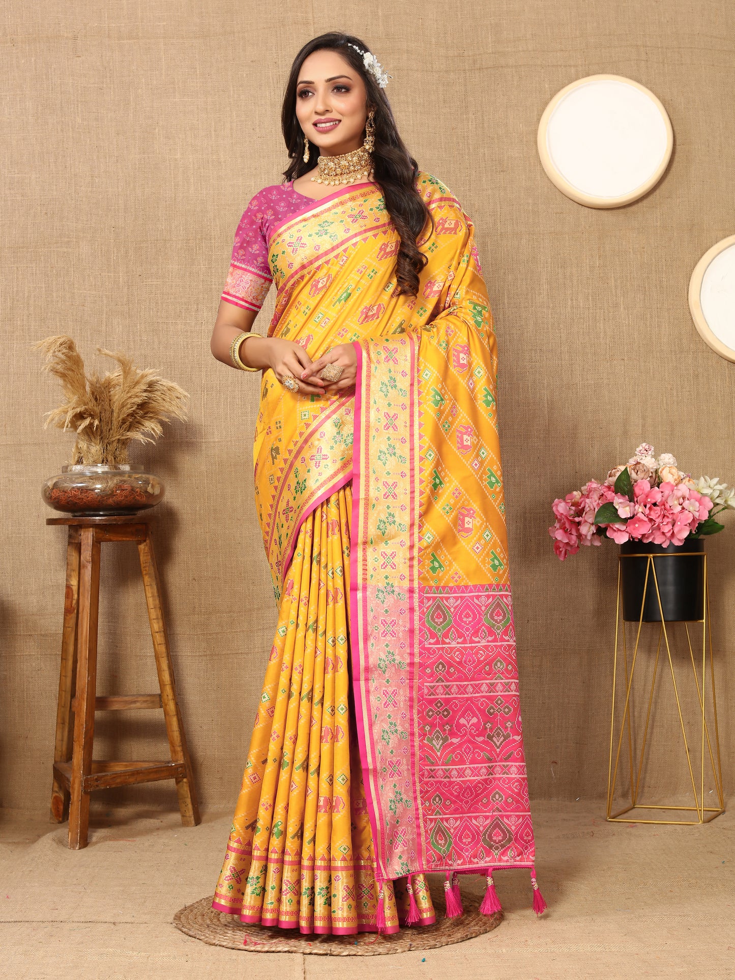 Soft Patola Yellow Saree With Meenakari Zari Weawing Motifs