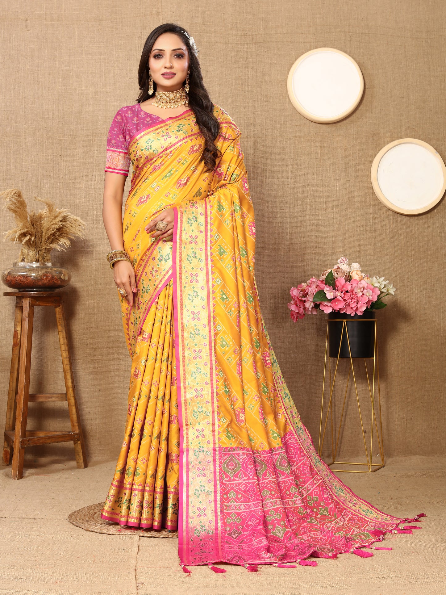 Soft Patola Yellow Saree With Meenakari Zari Weawing Motifs