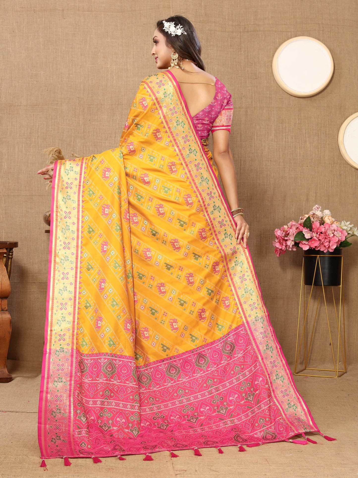 Soft Patola Yellow Saree With Meenakari Zari Weawing Motifs