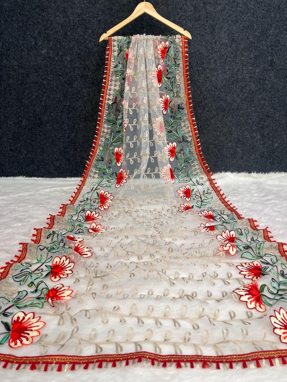Fancy Net White Floral Embroidery Dupatta