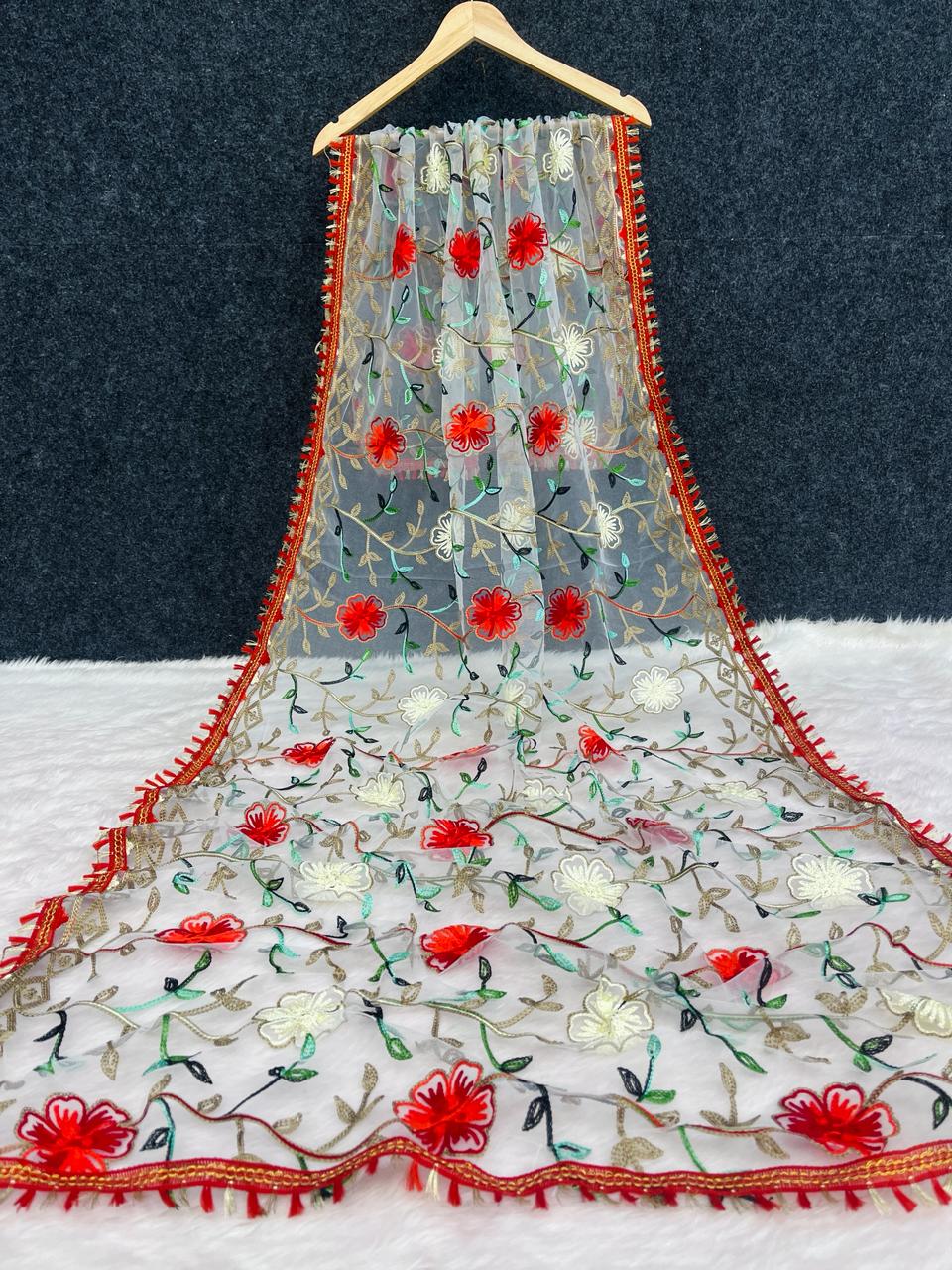 Fancy Net White Red Floral Embroidery Dupatta