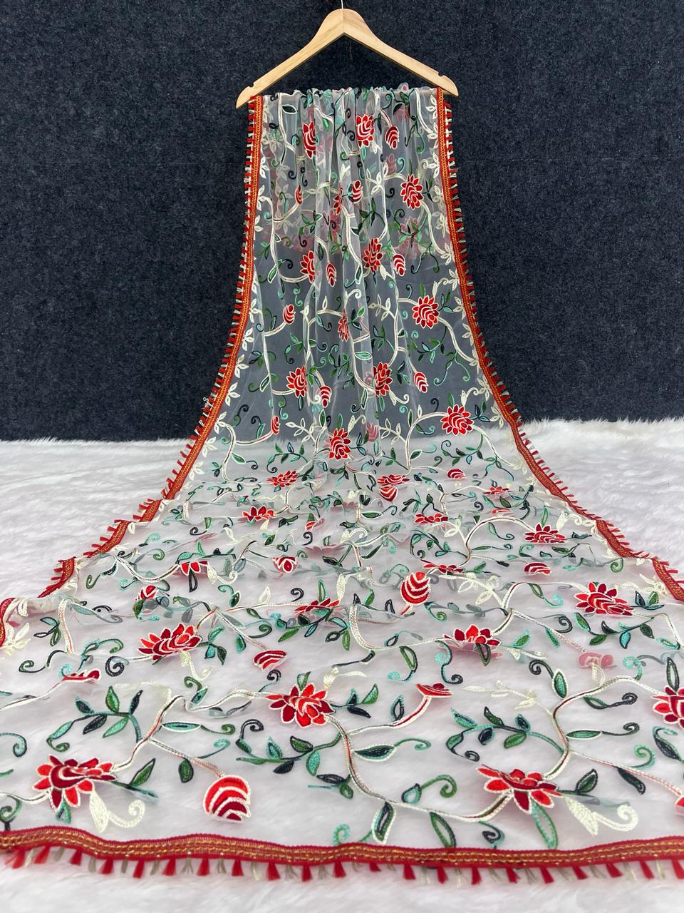 Fancy Net Flower Leaves Embroidery Dupatta