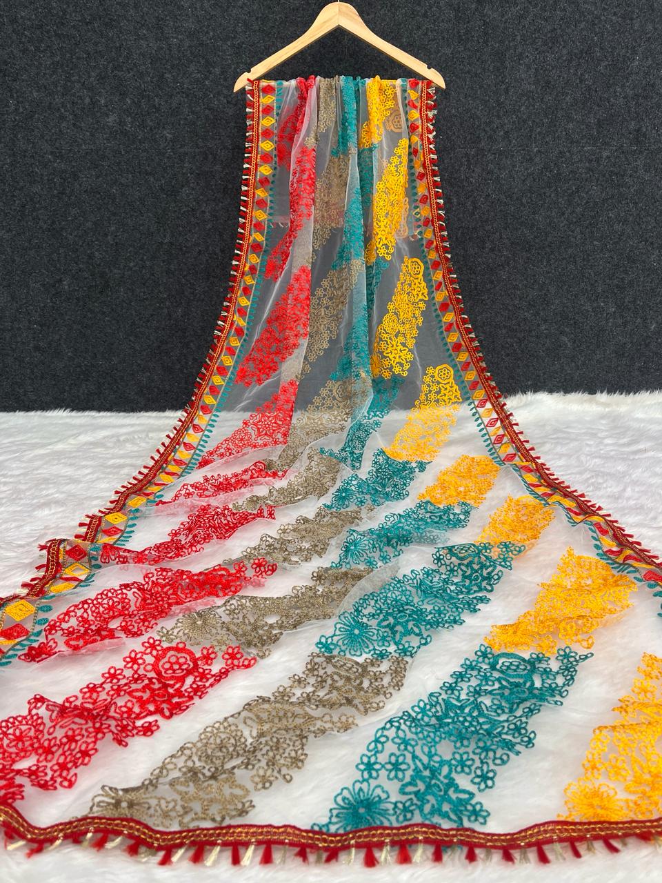 Fancy Net Free Hand Embroidery Dupatta