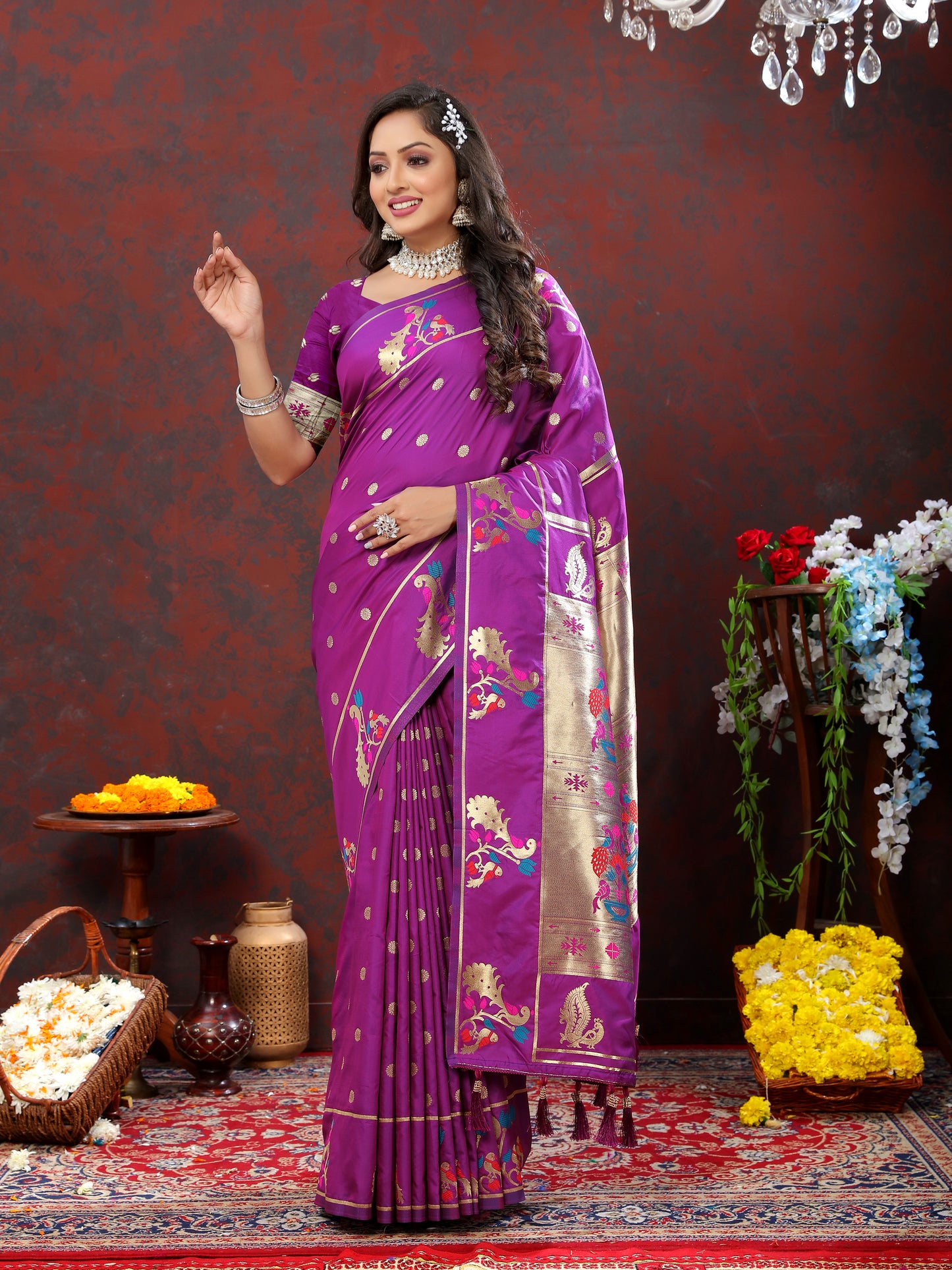 Soft Pethani Silk Royal Purple Saree with Golden Zari Weawing Motifs
