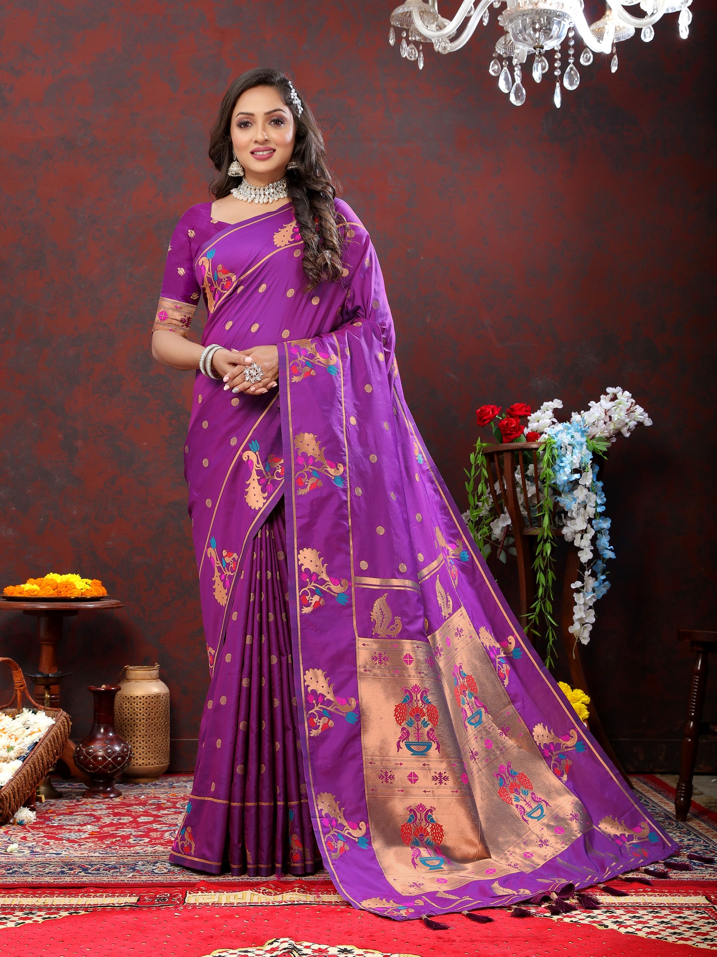 Soft Pethani silk Purple Saree with Copper zari weawing motifs
