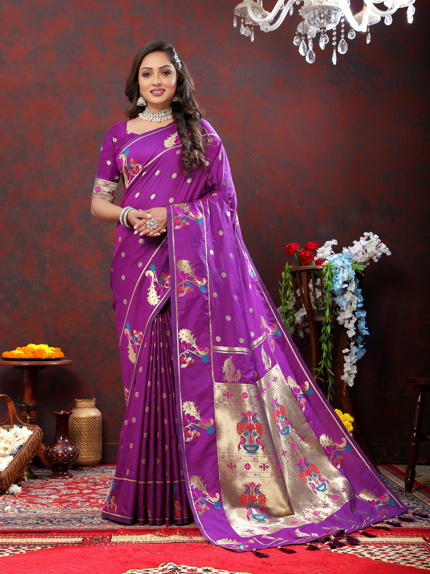 Soft Pethani Silk Royal Purple Saree with Golden Zari Weawing Motifs