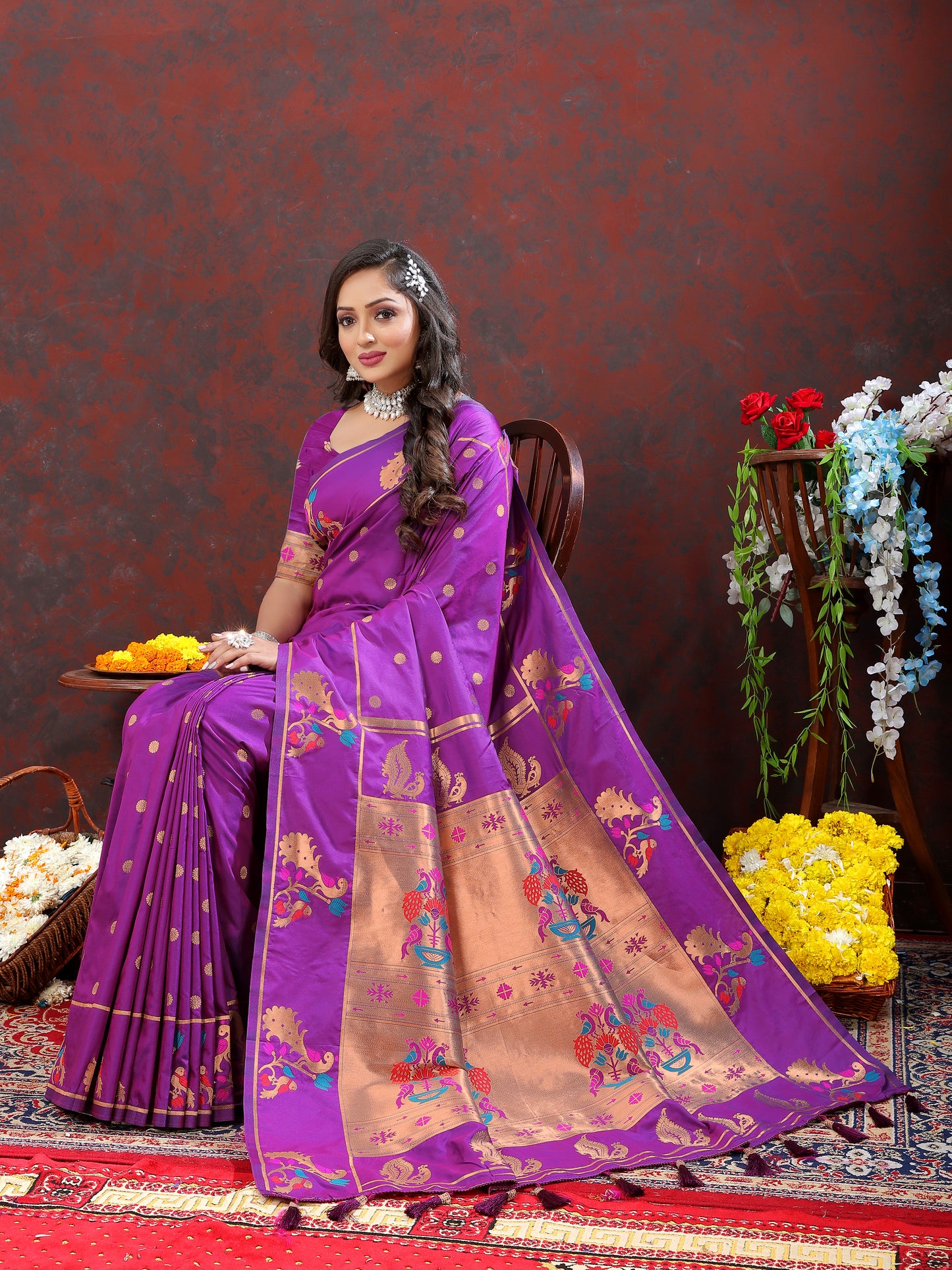 Soft Pethani silk Purple Saree with Copper zari weawing motifs