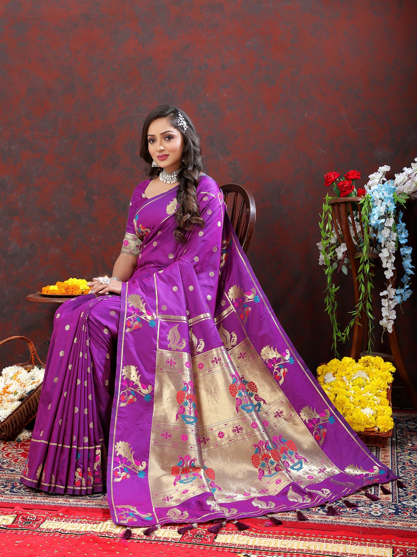 Soft Pethani Silk Royal Purple Saree with Golden Zari Weawing Motifs