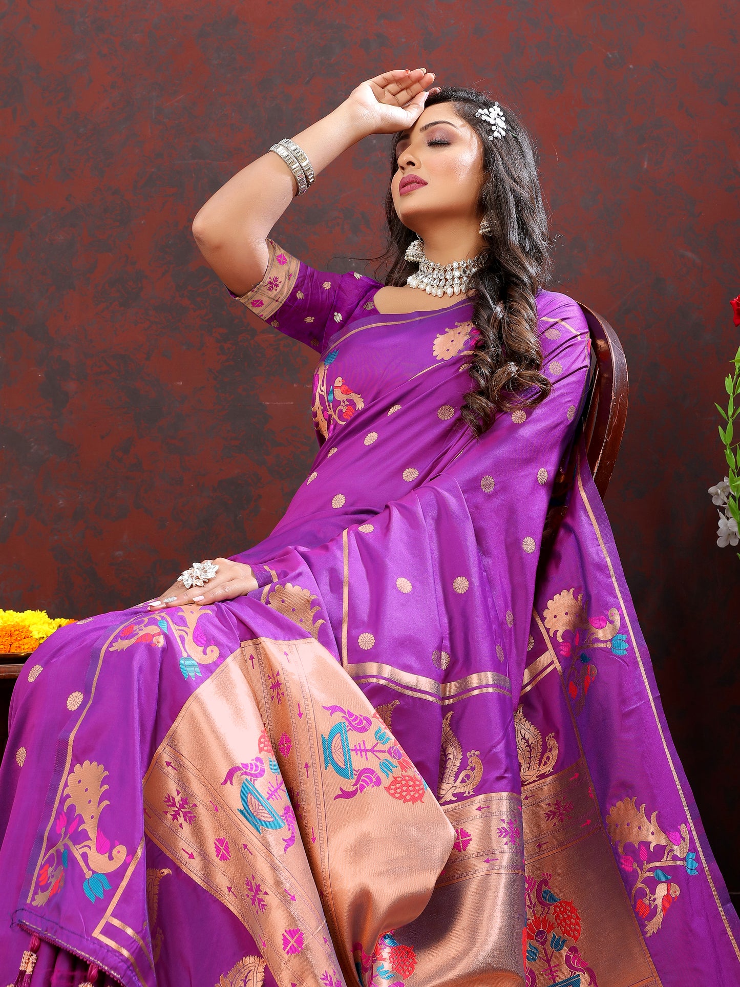 Soft Pethani silk Purple Saree with Copper zari weawing motifs