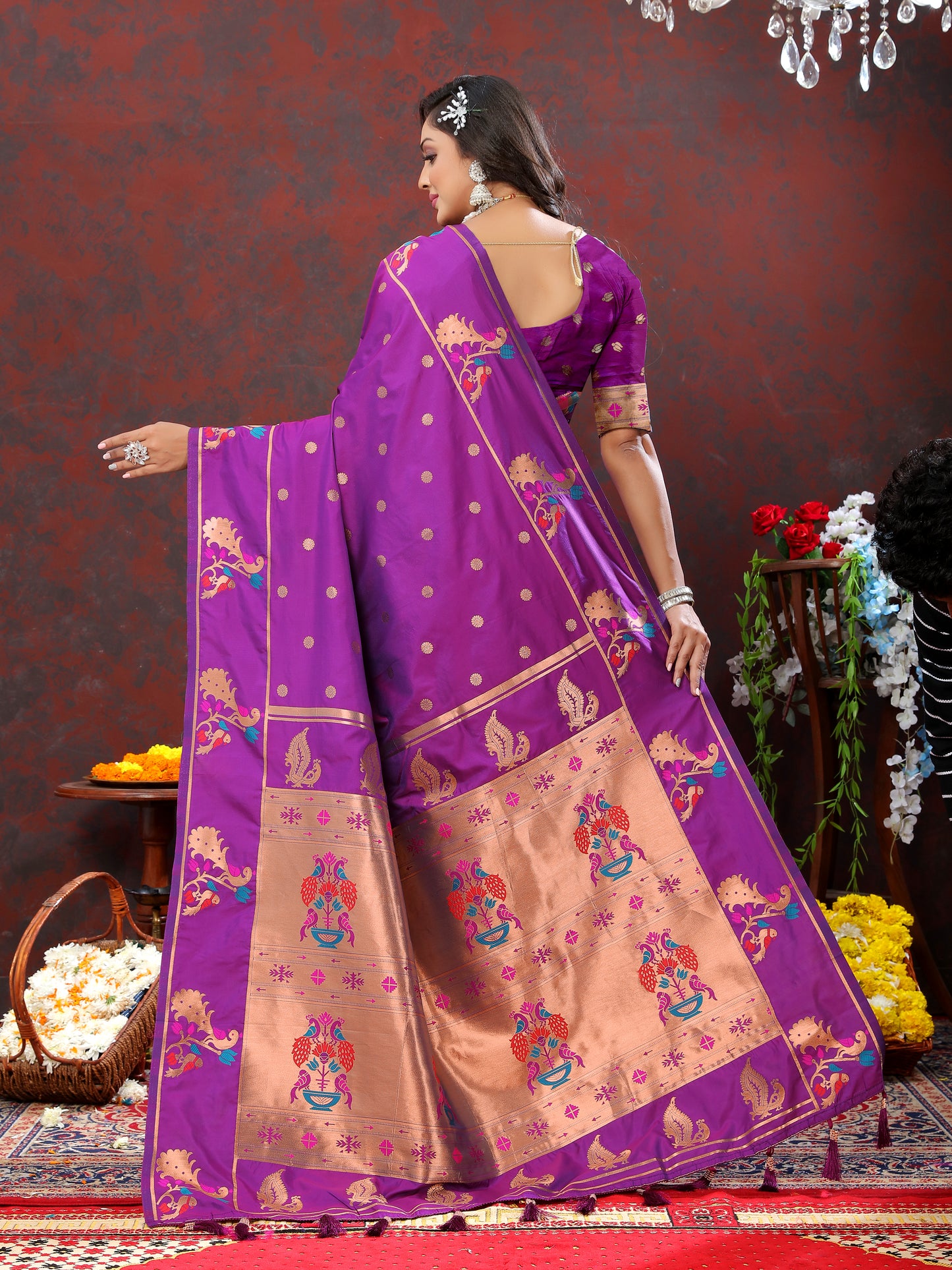 Soft Pethani silk Purple Saree with Copper zari weawing motifs