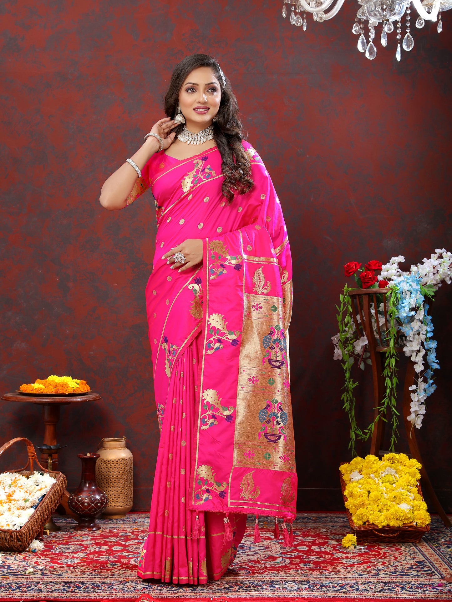 Soft Pethani Silk Rani Saree with Golden Zari Weawing Motifs