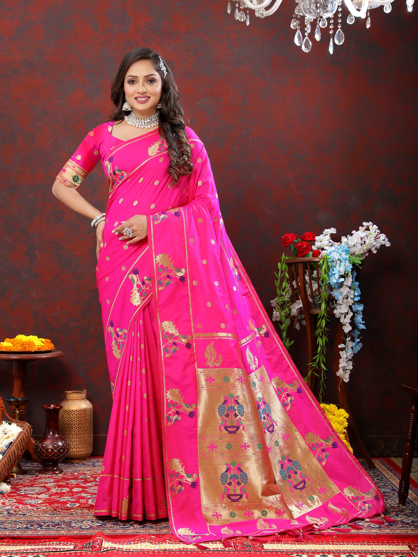 Soft Pethani Silk Rani Saree with Golden Zari Weawing Motifs