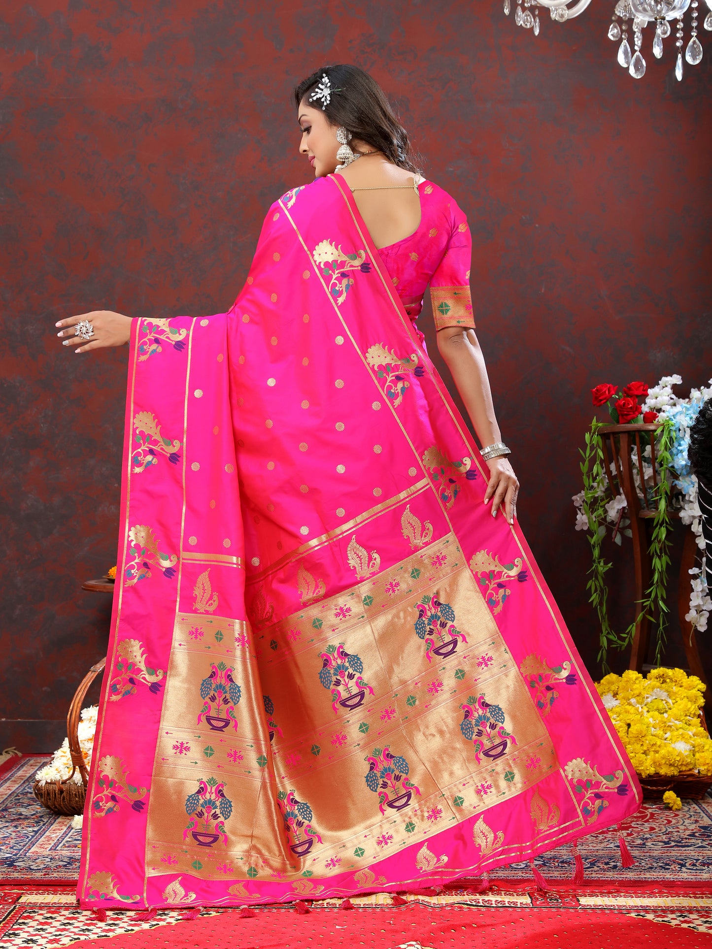 Soft Pethani Silk Rani Saree with Golden Zari Weawing Motifs