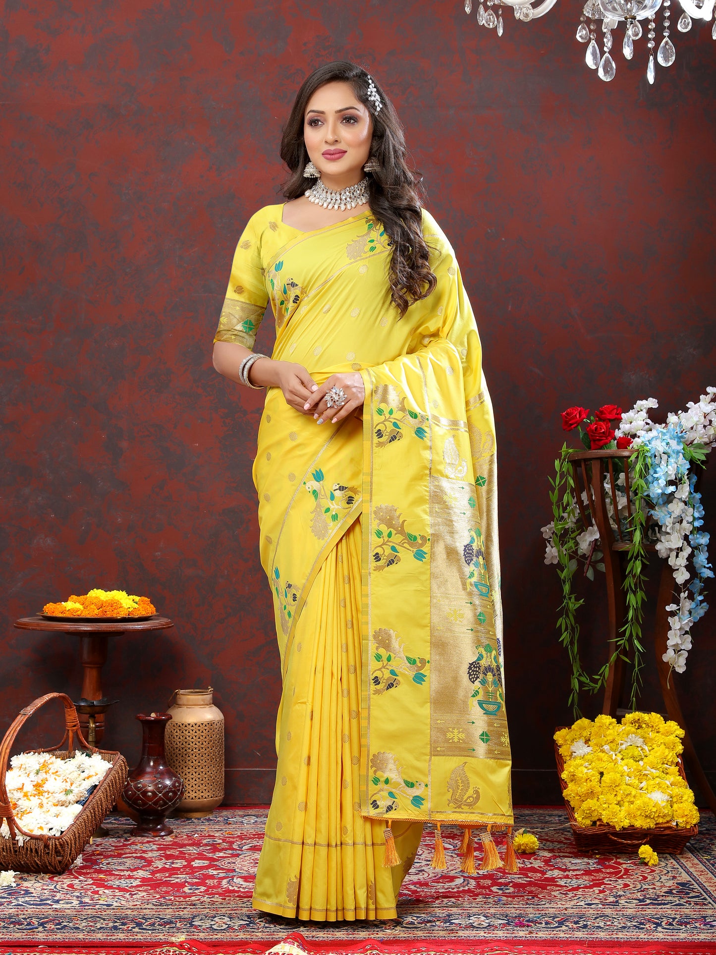 Soft Pethani Silk Yellow Saree with Golden Zari Weawing Motifs