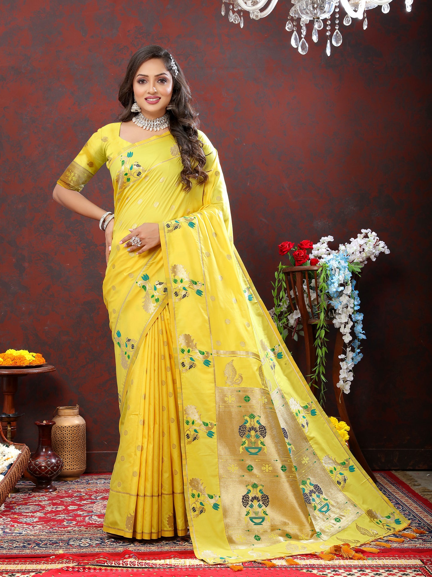 Soft Pethani Silk Yellow Saree with Golden Zari Weawing Motifs