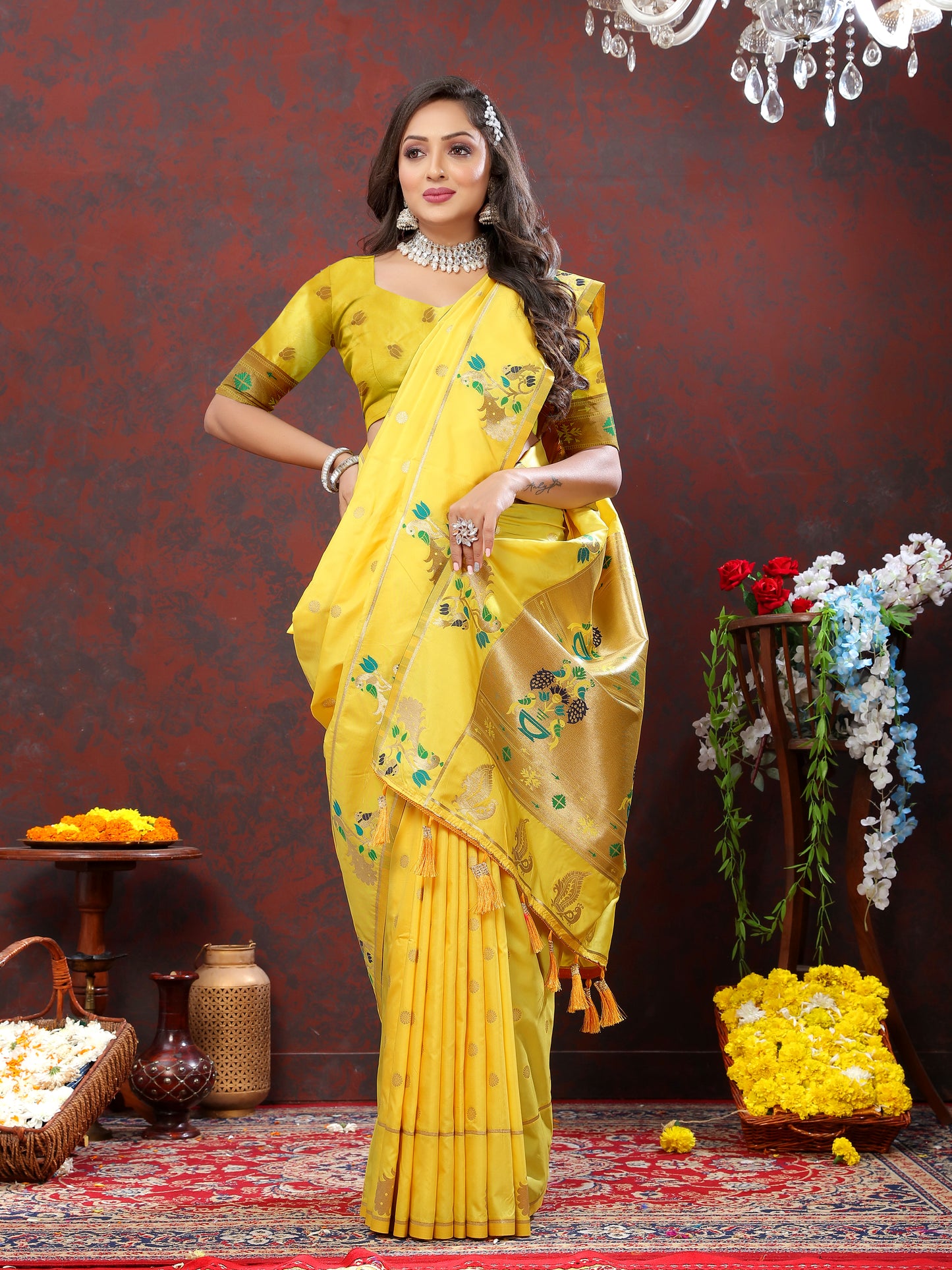 Soft Pethani Silk Yellow Saree with Golden Zari Weawing Motifs
