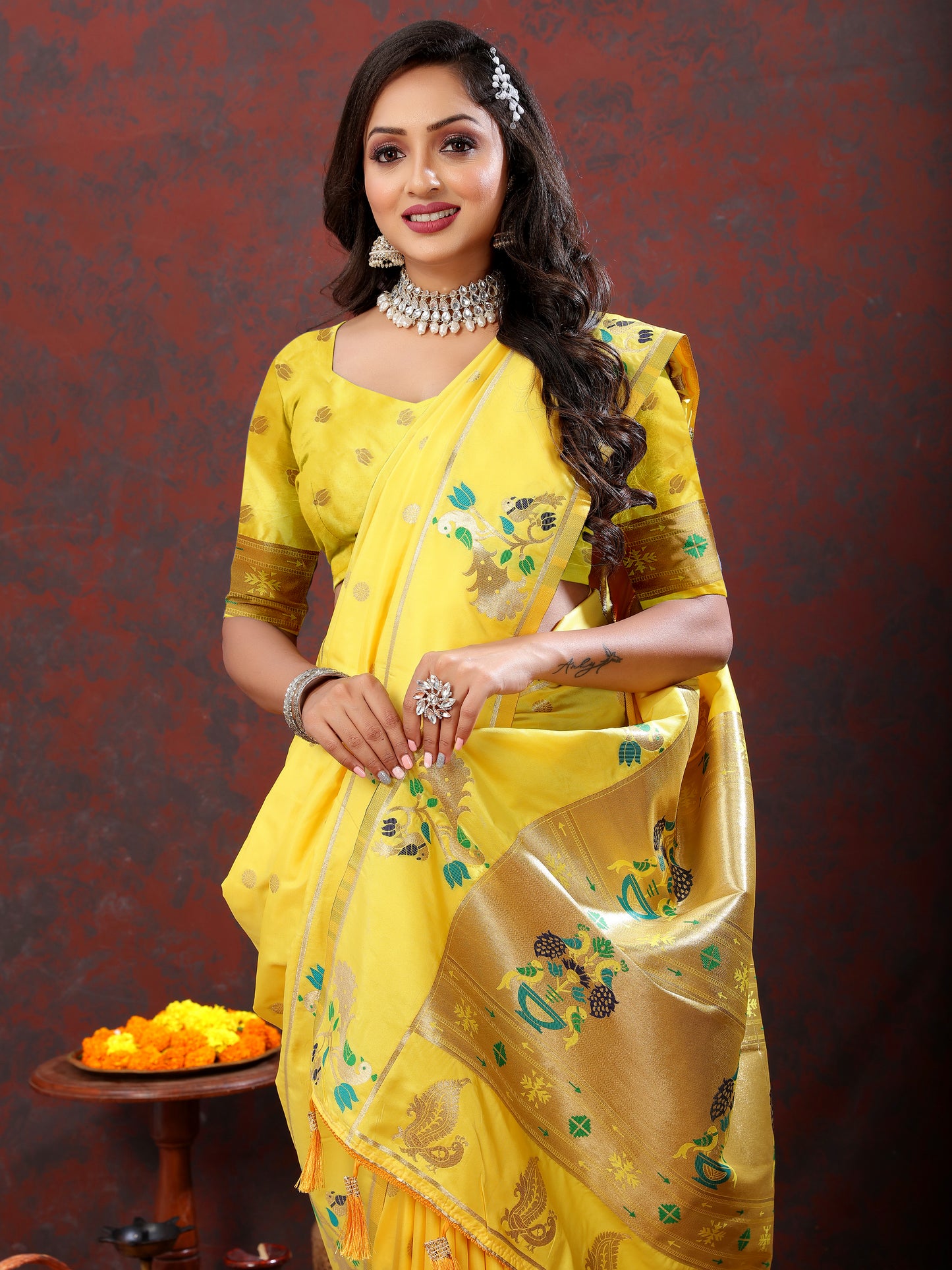 Soft Pethani Silk Yellow Saree with Golden Zari Weawing Motifs