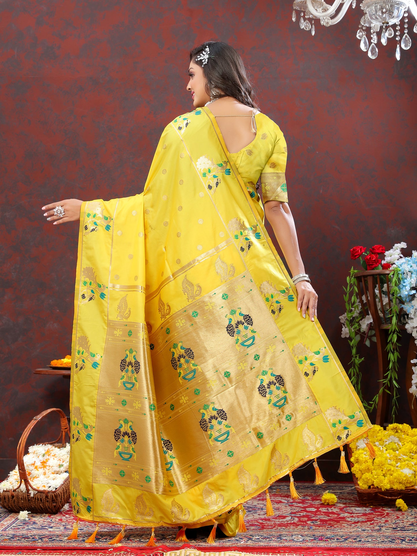 Soft Pethani Silk Yellow Saree with Golden Zari Weawing Motifs