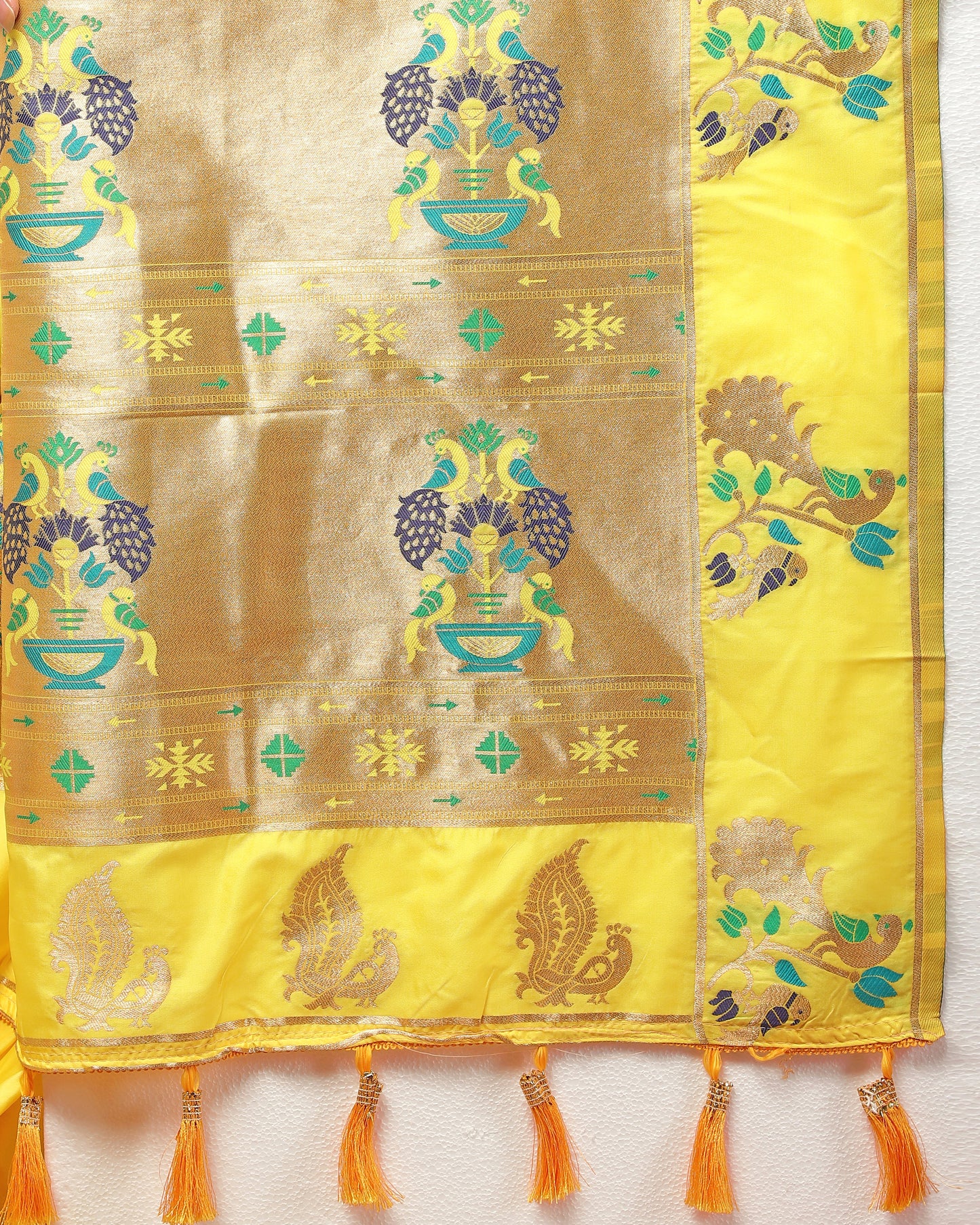 Soft Pethani Silk Yellow Saree with Golden Zari Weawing Motifs