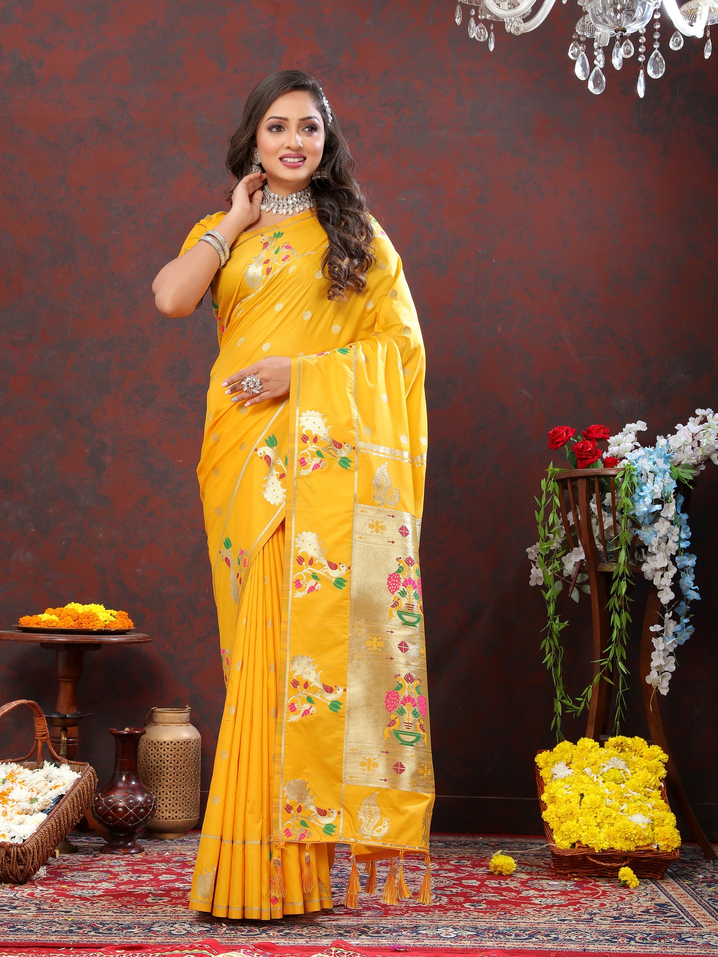 Soft Pethani Silk Yellow Saree with Golden Zari Weawing Motifs