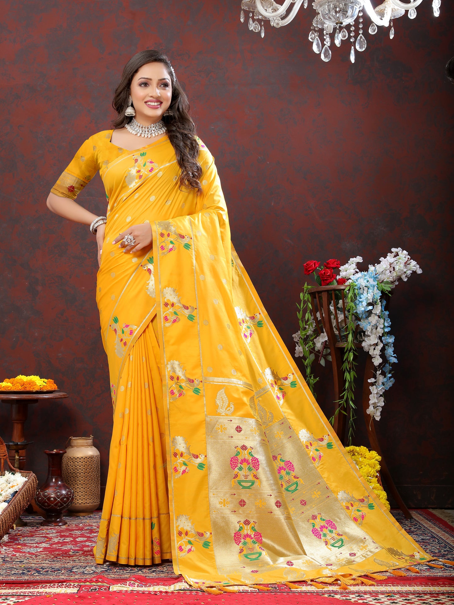 Soft Pethani Silk Yellow Saree with Golden Zari Weawing Motifs