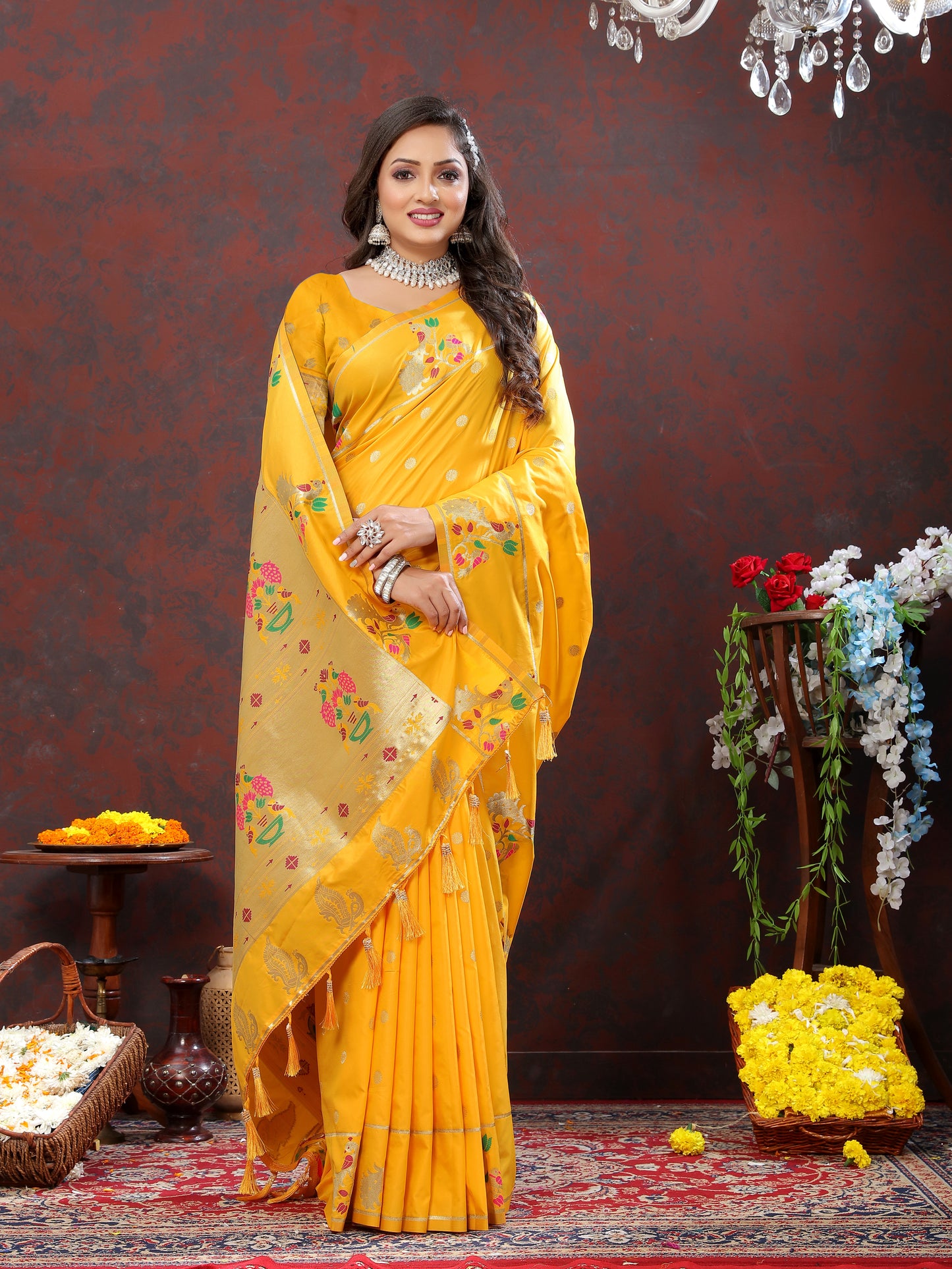 Soft Pethani Silk Yellow Saree with Golden Zari Weawing Motifs