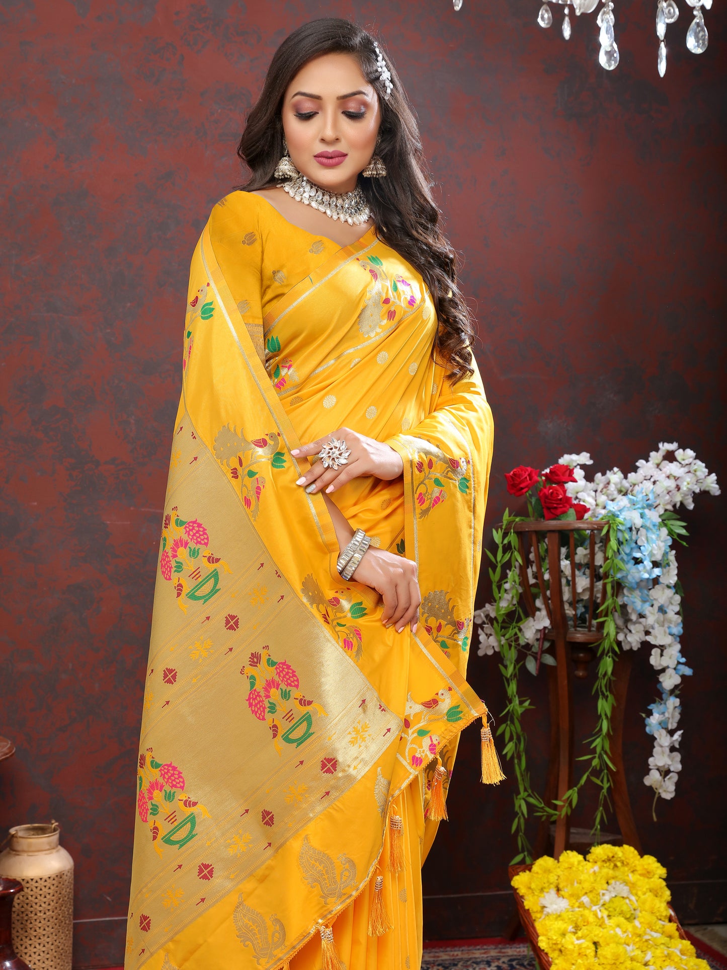Soft Pethani Silk Musturd Saree with Golden Zari Weawing Motifs