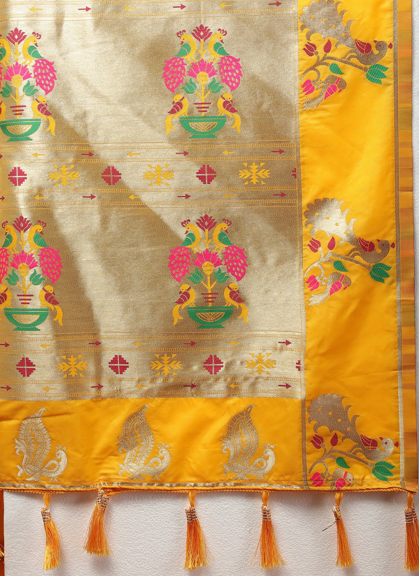 Soft Pethani Silk Musturd Saree with Golden Zari Weawing Motifs