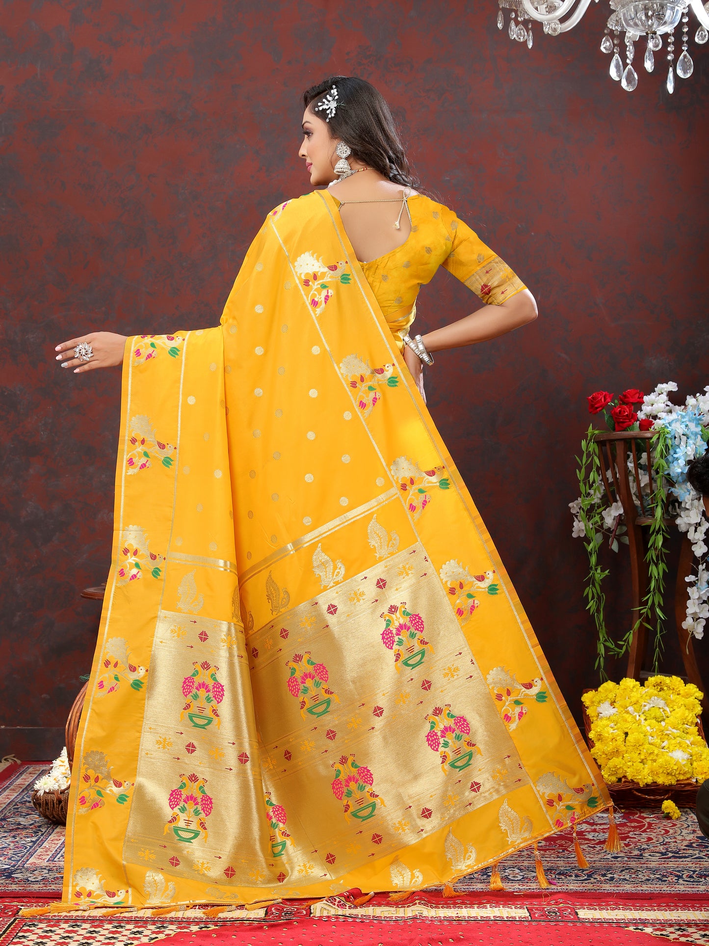 Soft Pethani Silk Musturd Saree with Golden Zari Weawing Motifs