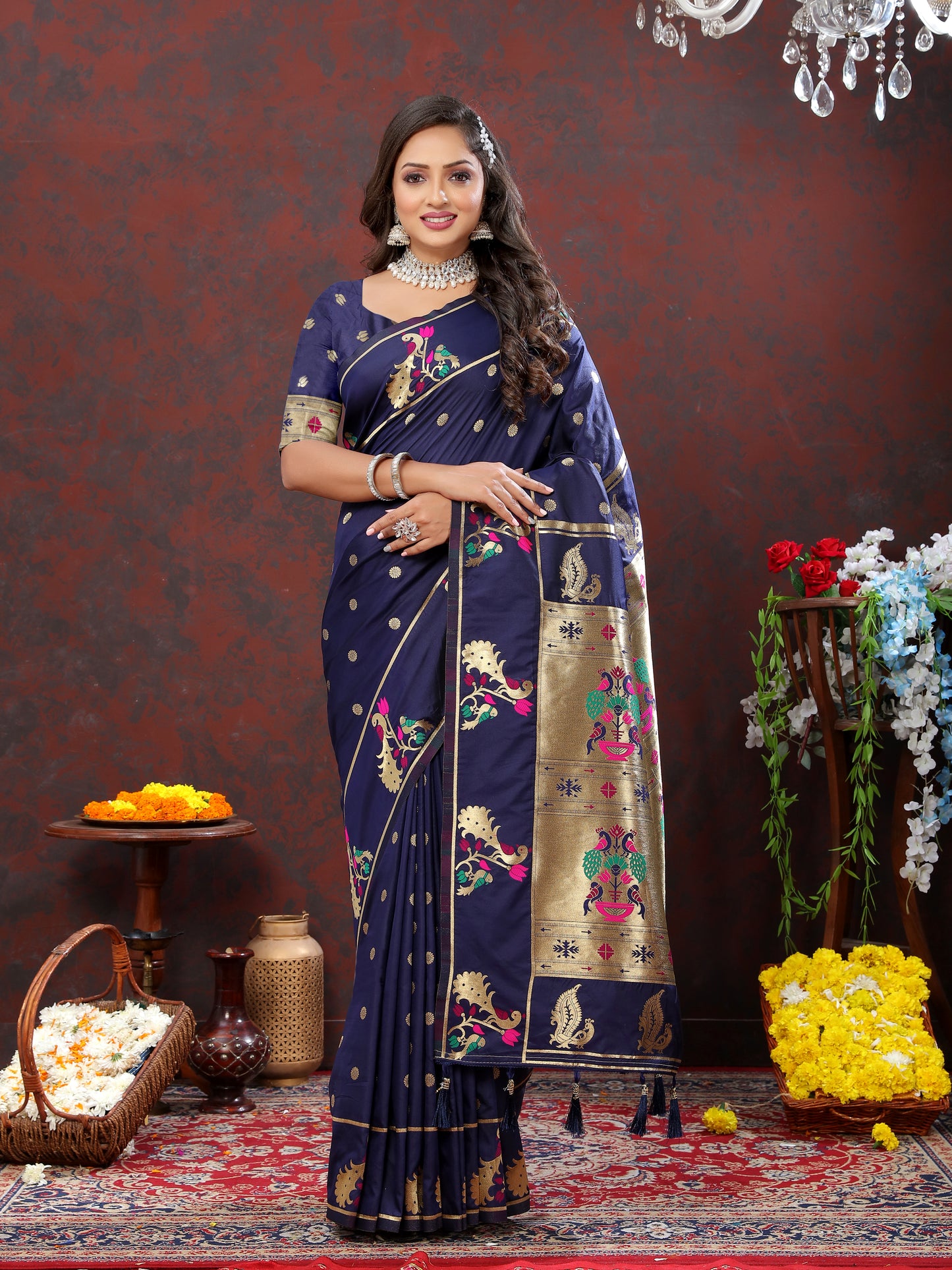 Soft Pethani Silk Dark Blue Saree with Golden Zari Weawing Motifs