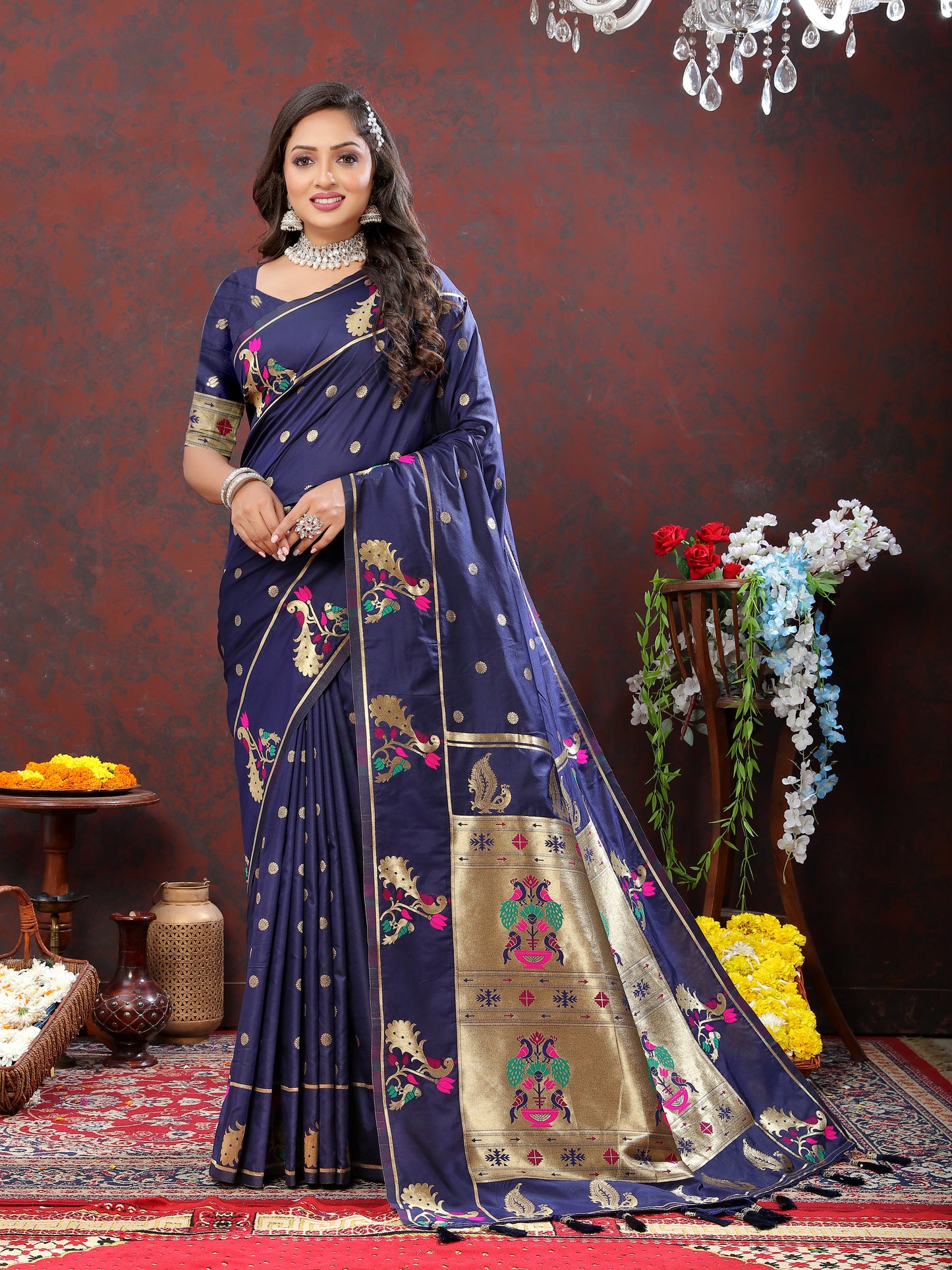 Soft Pethani Silk Musturd Saree with Golden Zari Weawing Motifs