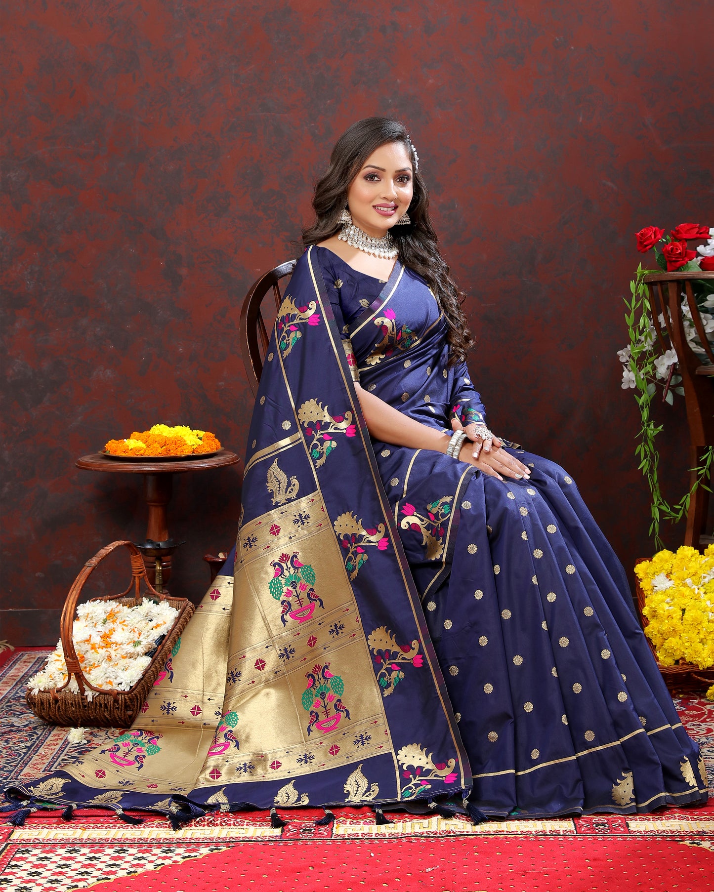 Soft Pethani Silk Musturd Saree with Golden Zari Weawing Motifs